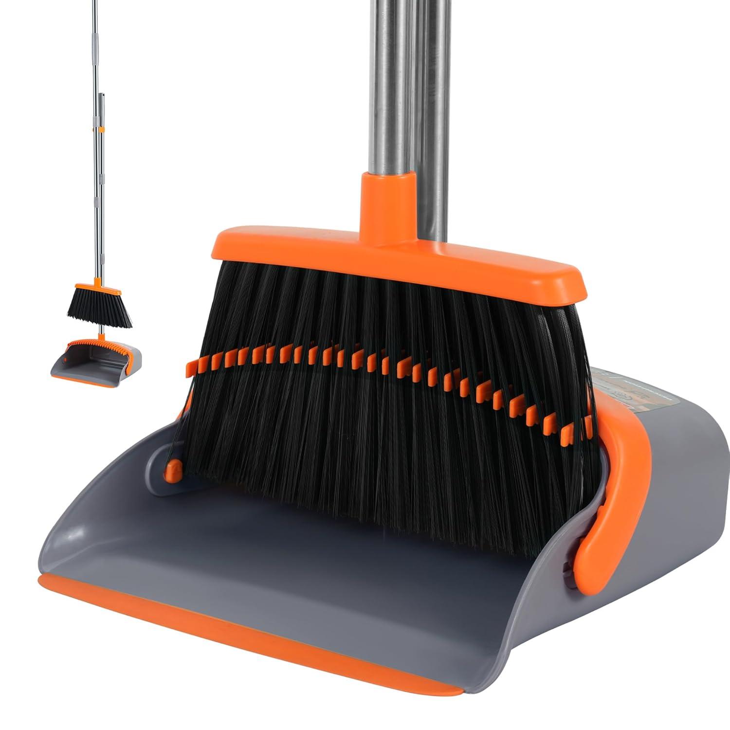 Heavy-Duty Broom and Dustpan Set for Outdoor Broom and Dust pan for Home Commercial Cleaning Supplies Angle Broom with Long Handle Perfect for Courtyard Garage Lobby Mall Market Street, B6