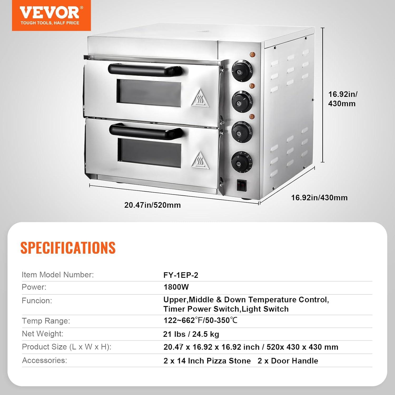 VEVOR 12-Inch Stainless Steel Electric Pizza Oven with Adjustable Temperature