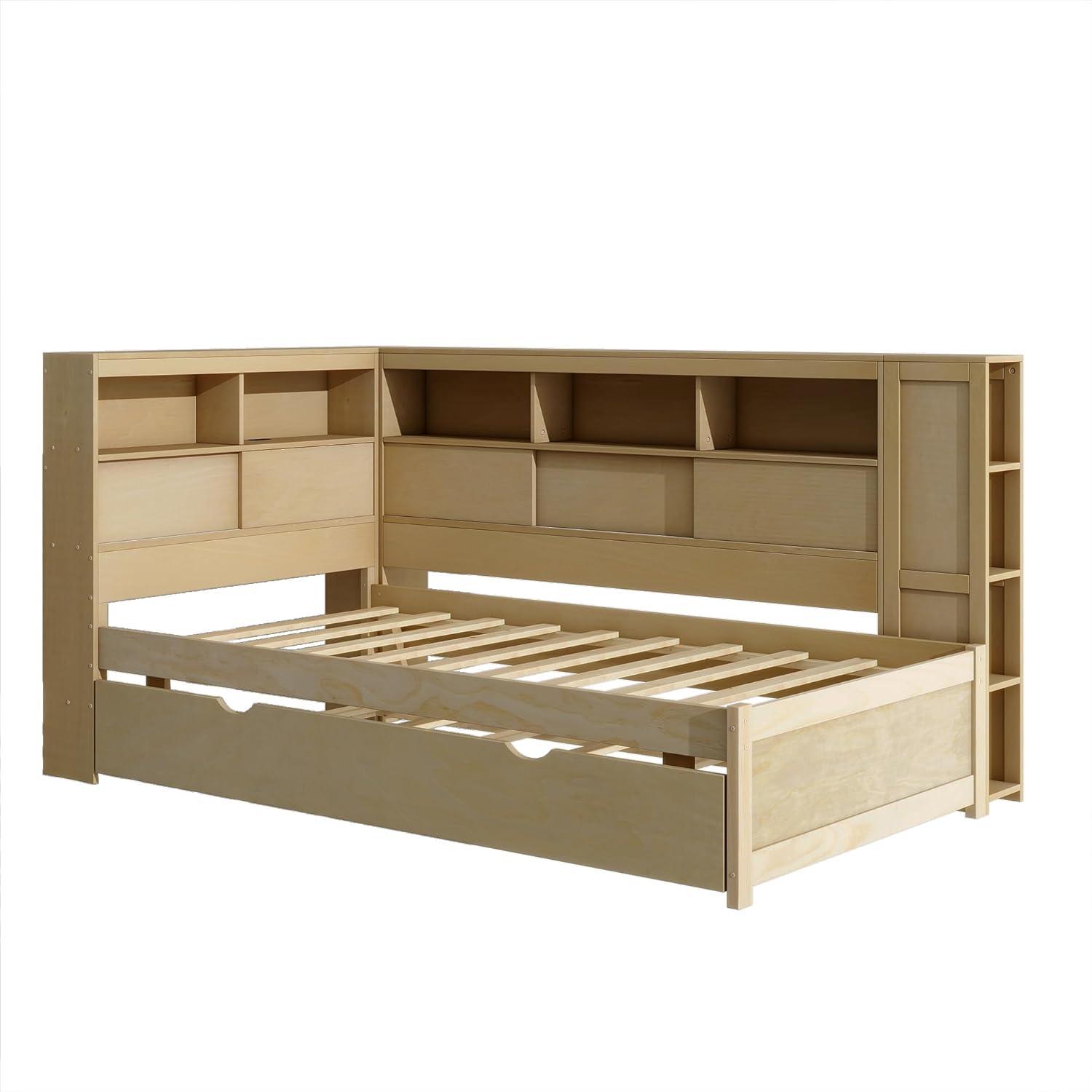 Harper & Bright Designs Twin Size Daybed with Trundle & Bookcase, Wood L-Shaped Daybed with Storage Headboard, USB Ports, Twin Platform Bed Frame with Storage Shelves for Bedroom Living Room, Natural