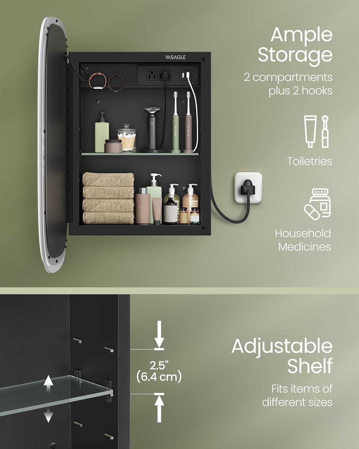 Black Wall-Mounted Medicine Cabinet with LED Mirror and Charging Station