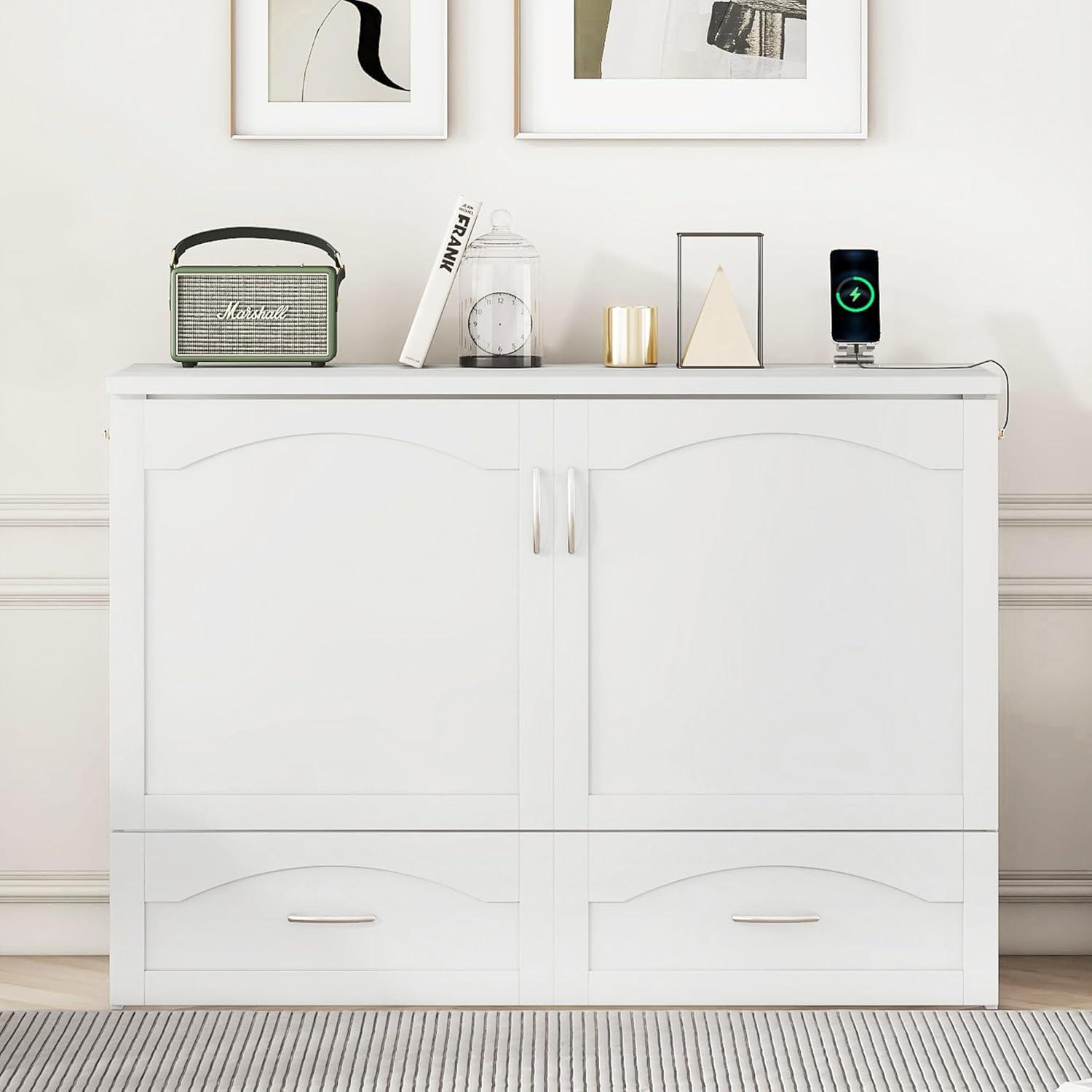 Harper & Bright Designs Full Size Murphy Bed Wall Bed with Storage Drawers, Wood Murphy Bed Chest with Sockets & USB Ports, Pulley Structure Design, White