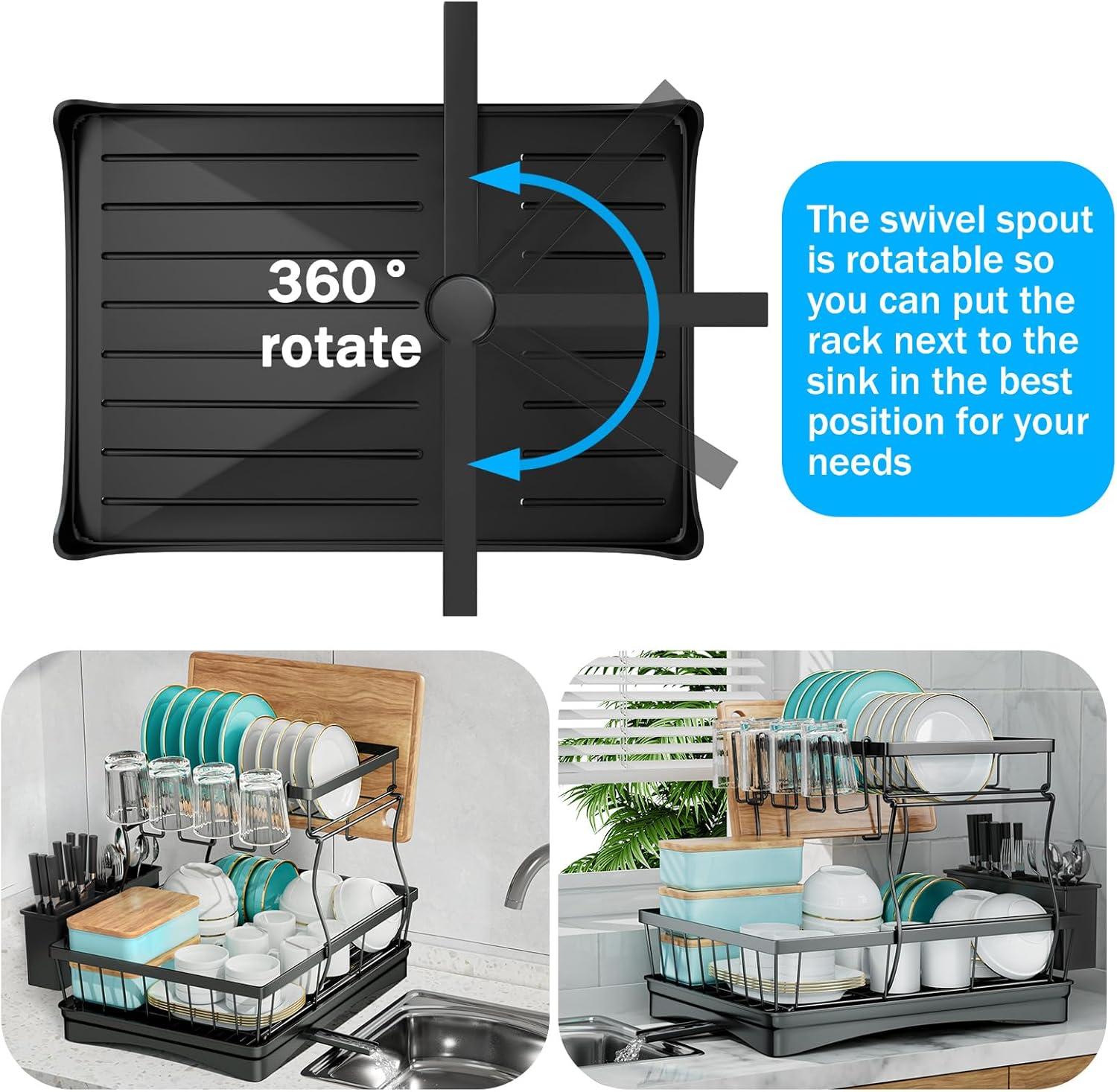 iSPECLE Dish Drying Rack with Drainboard - Dish Racks for Kitchen Counter, Rust-Resistant Compact Dish Drainer with Utensil Holder, Drain Spout and High Feet on Drip Tray, Black