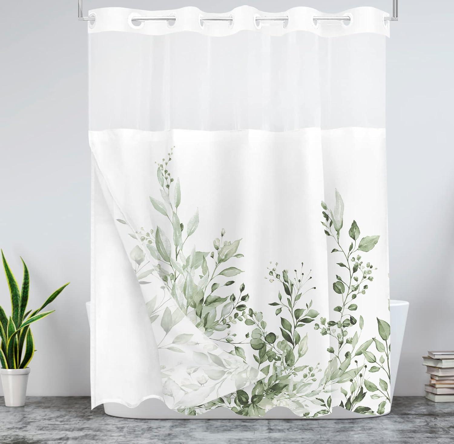 No Hook Shower Curtain with Snap in Liner, Eucalyptus Leaf Vintage Sage Green Leaves Hotel Shower Curtains for Bathroom, Washable Shower Curtain Liner Set with Mesh Top Window, 66"x72"