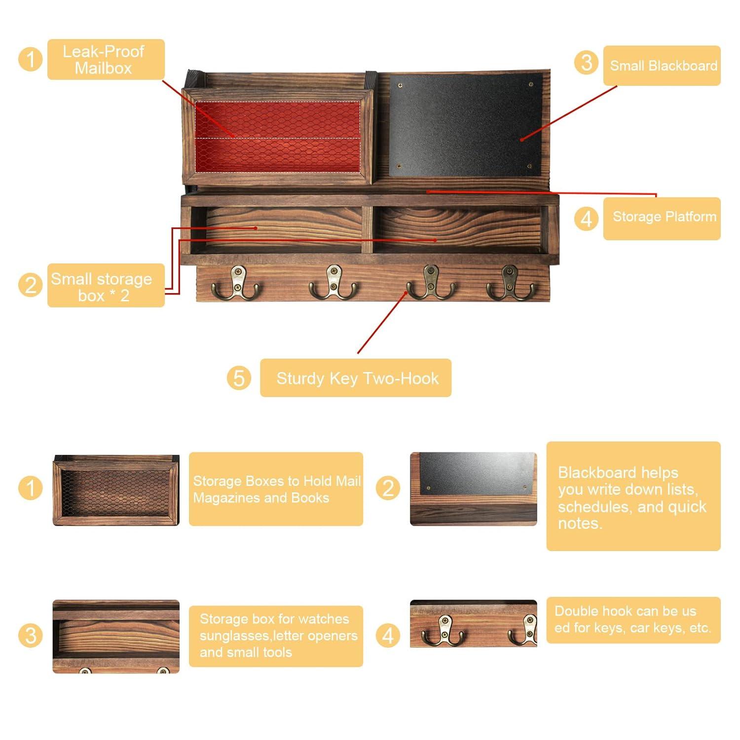 Key Holder for Wall, Mail Organizer Wall Mount with Key Hooks and Wallet Holder, Sunglasses Storage and Dog Leash Holder, Wall Decorative with 4 Double Hooks and Chalkboard