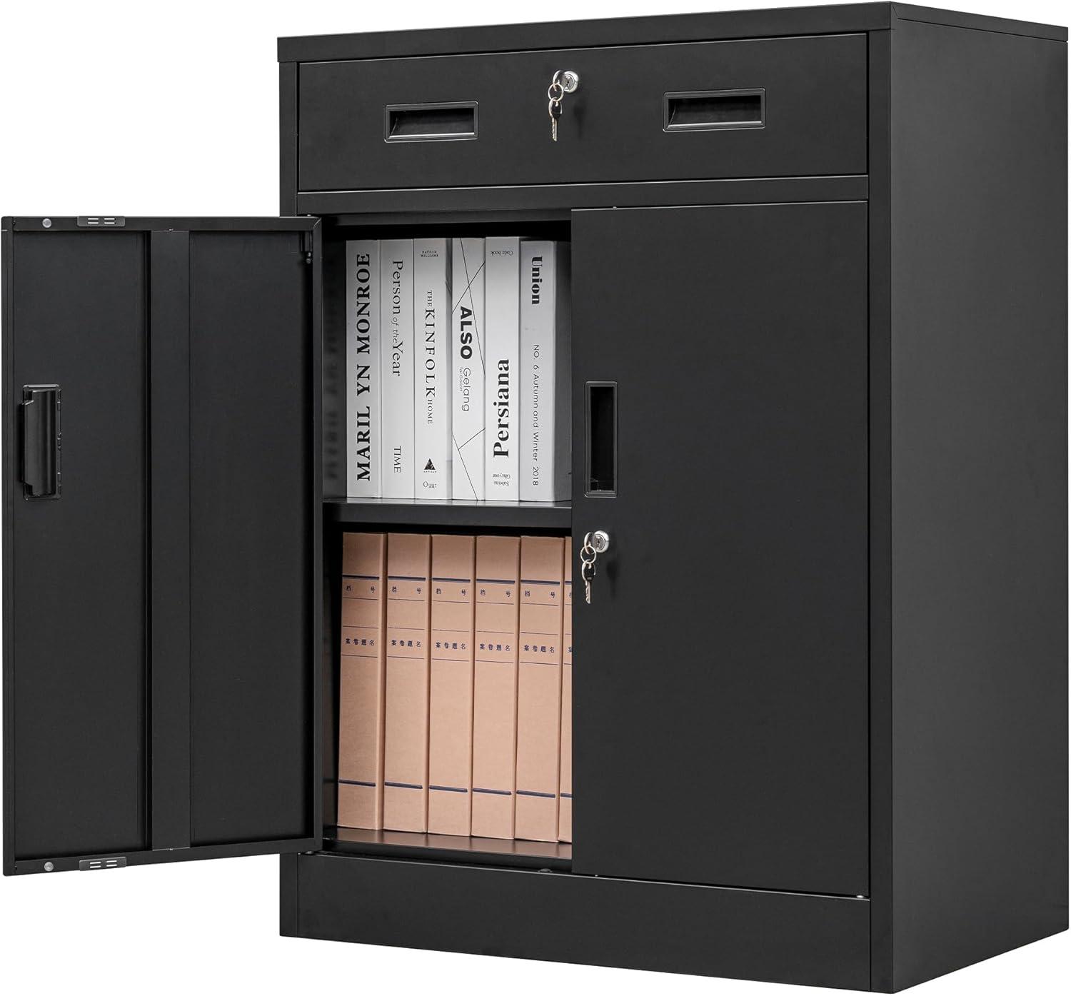 Black Metal Lockable Office Cabinet with Adjustable Shelves and Drawers