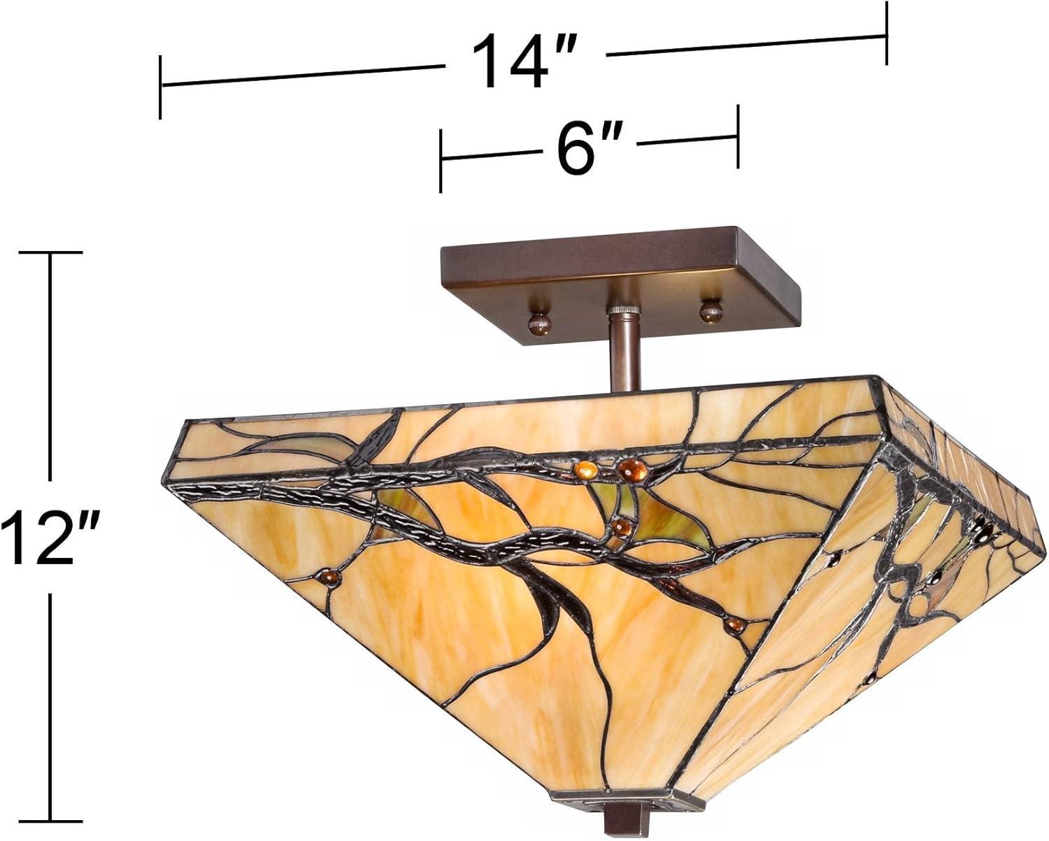 Robert Louis Tiffany Mission Rustic Ceiling Light Semi Flush Mount Fixture 14" Wide Bronze 2-Light Budding Branch Art Glass Shade for Bedroom Kitchen