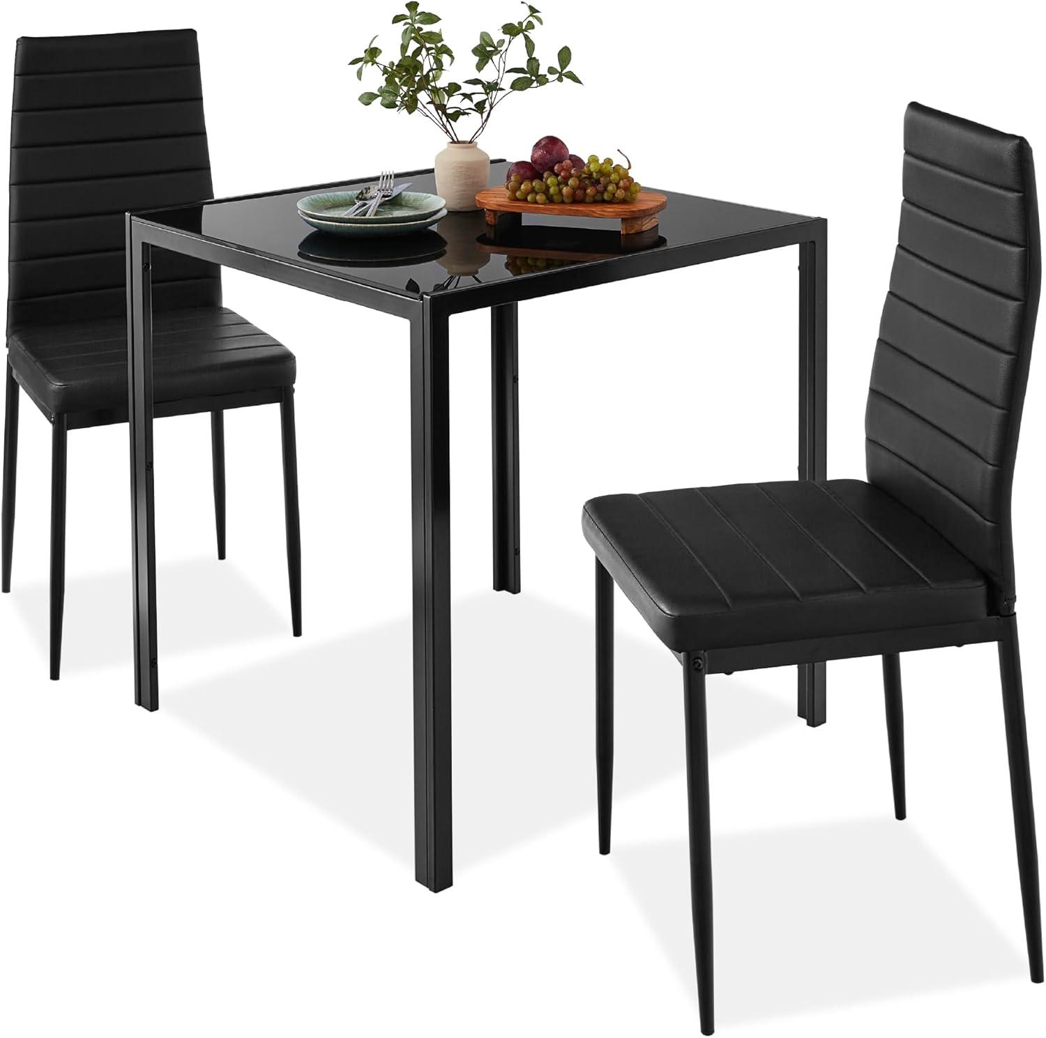 Best Choice Products 3-Piece Kitchen Dining Table Set w/ Glass Tabletop, 2 PU Leather Chairs