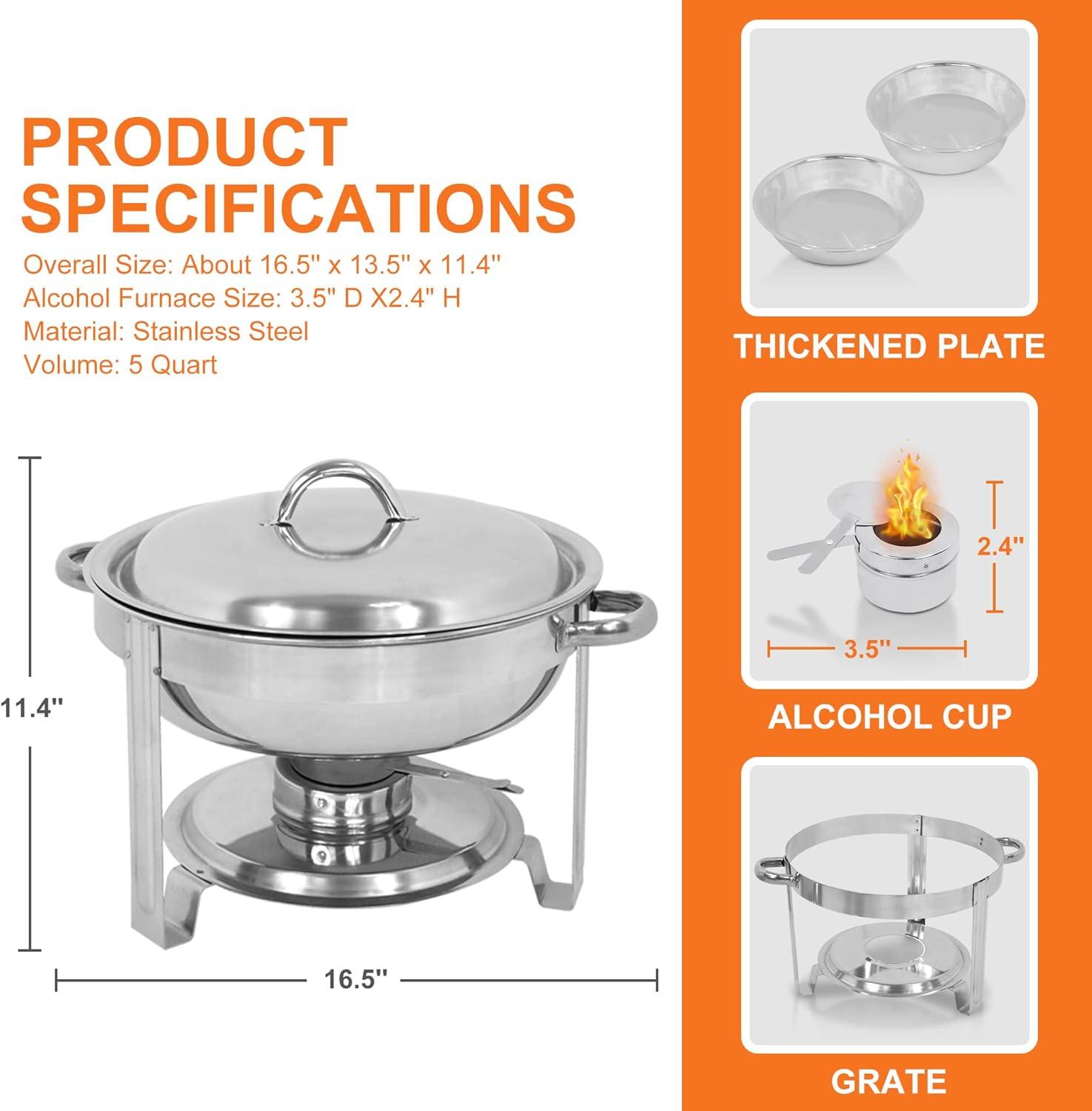 SUPER DEAL Upgraded 5 Qt Full Size Stainless Steel Chafing Dish Round Chafer Buffet Catering Warmer Set w/Food and Water Pan, Lid, Solid Stand and Fuel Holder