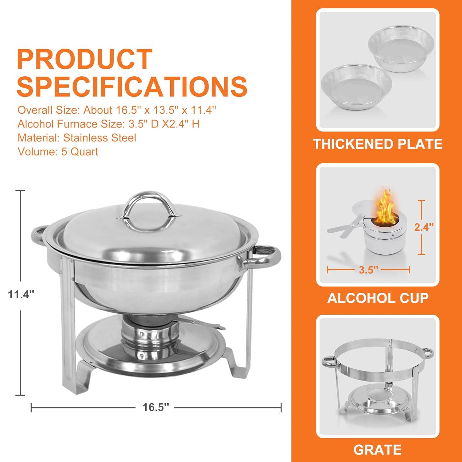 SUPER DEAL Upgraded 5 Qt Full Size Stainless Steel Chafing Dish Round Chafer Buffet Catering Warmer Set w/Food and Water Pan, Lid, Solid Stand and Fuel Holder