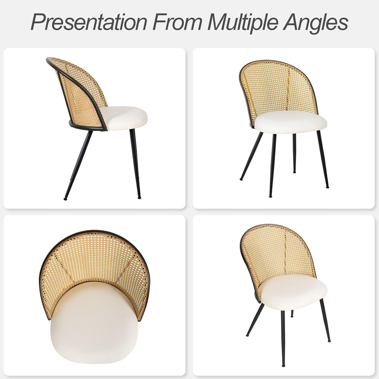 Lucky Monet Modern Upholstered Rattan Dining Chairs Set of 2/4 Set of 2 - PU-White-Natural Back
