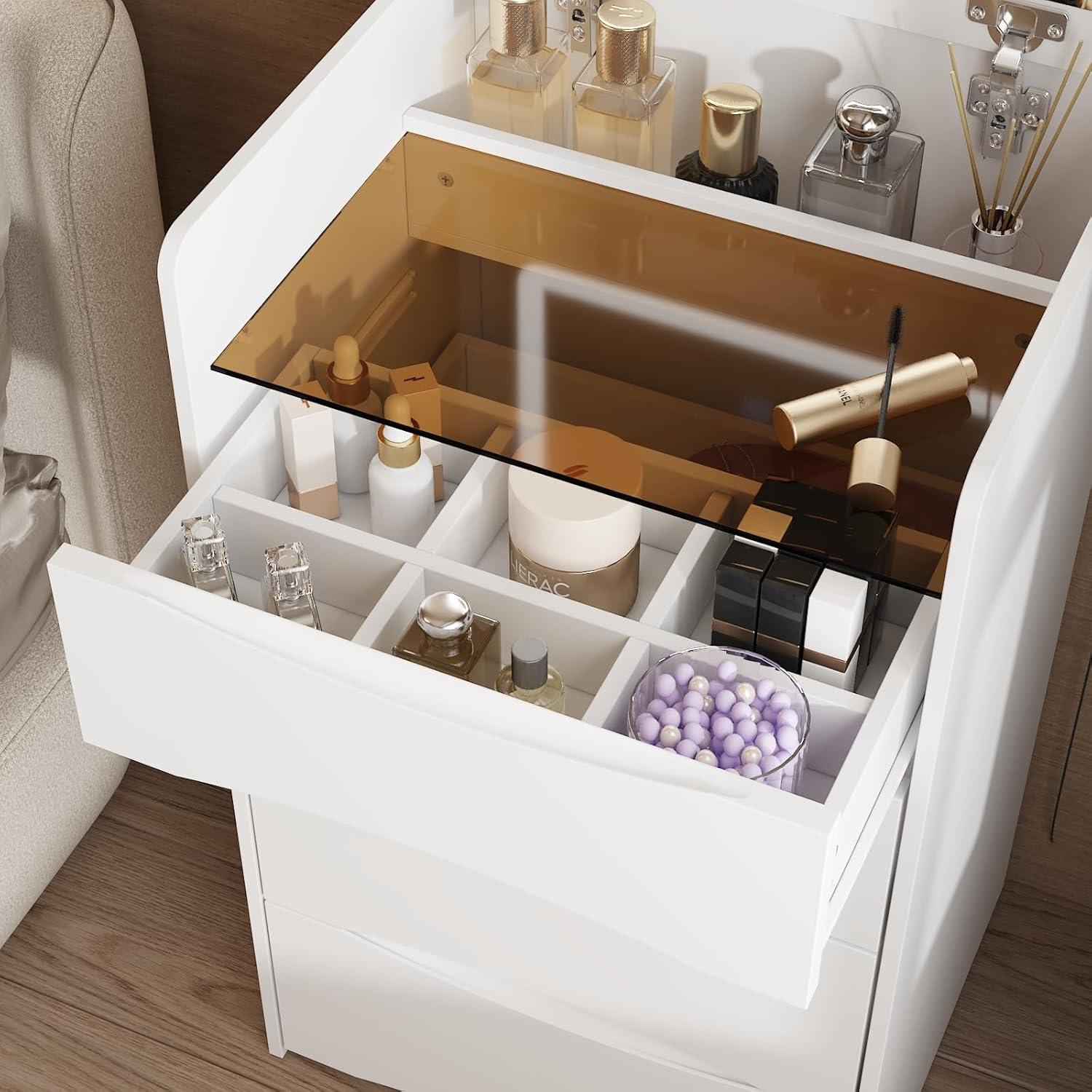 Joqixon Vanity Desk with Flip Top Mirror and Lights, Makeup Vanity Set with Glass Shelf, Space Saving Dressing Table with 3 Drawers & Cushion Stool for Bedroom, White