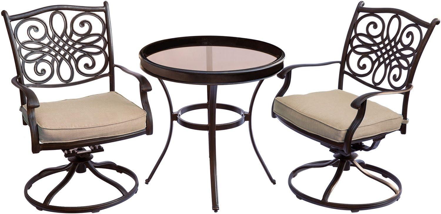 Elegant Traditions 3-Piece Bronze Bistro Set with Swivel Chairs and Glass-top Table