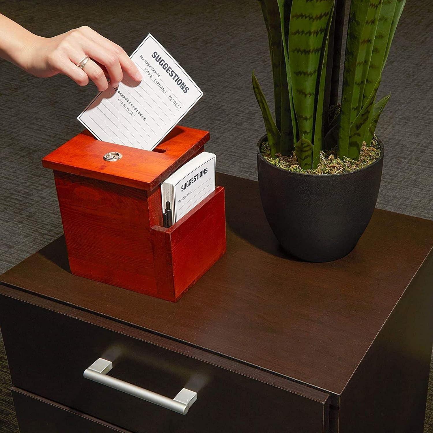 Juvale Wooden Suggestion Box with Lock and Keys, Brown Ballot Box with 50 Blank Suggestion Cards, Locking Lid and Side Slot for Donation, 7.5x7.1x5.5"