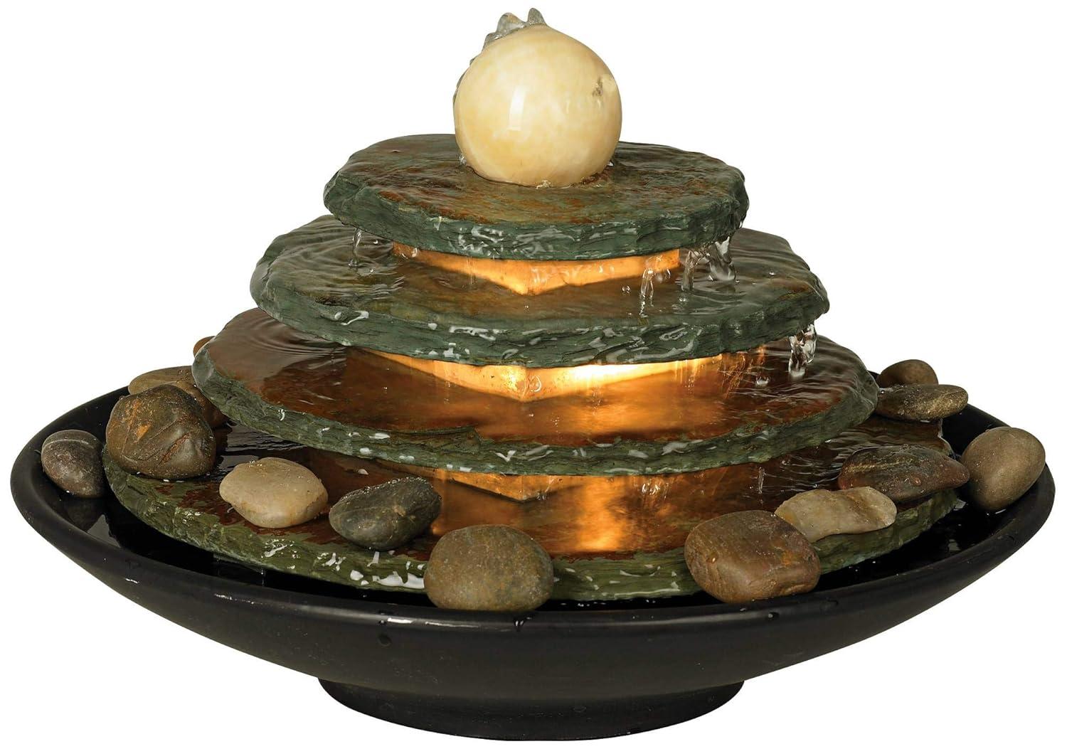 John Timberland Pyramid Rustic Zen 4 Tier Pyramid Indoor Tabletop Water Fountain with Light 10" for Table Office Desk Bedroom Living Room Relaxation