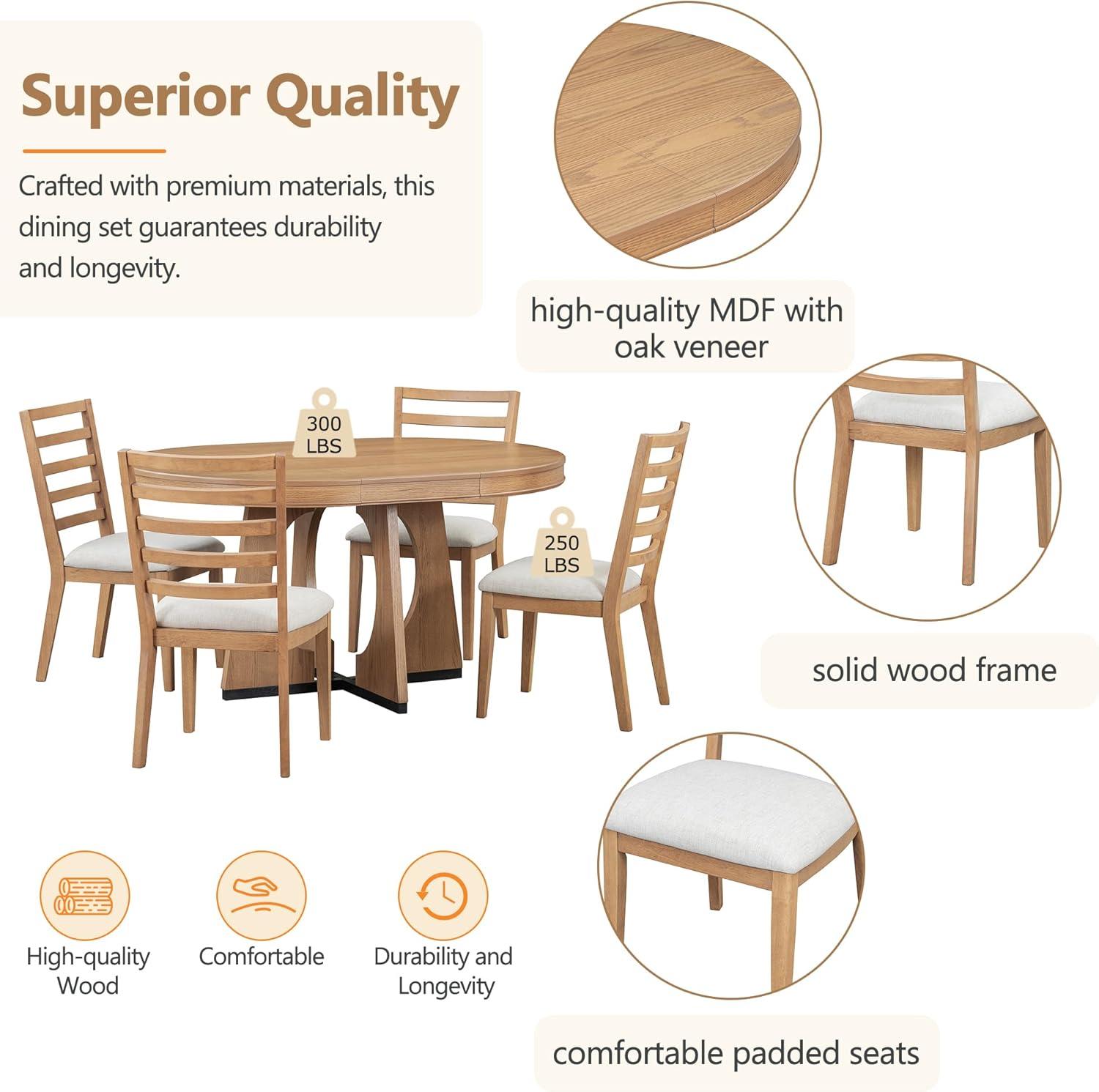 Natural Wood Extendable Round Dining Table Set with 4 Upholstered Chairs