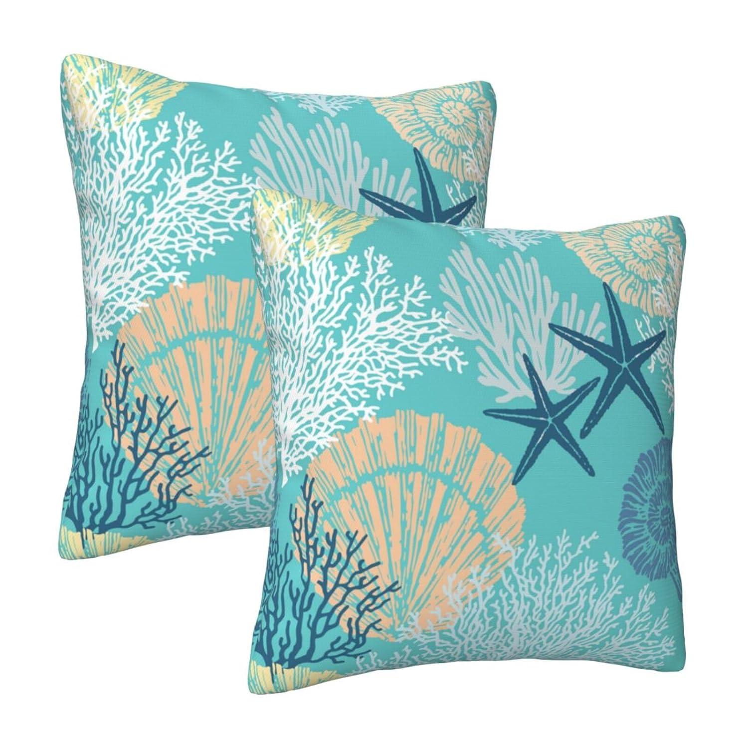 Burnt Orange Summer Outdoor Coastal Pillow Covers 18x18 Inch Set of 2 Fall Coral Seashell Starfish Throw Pillows Ocean Themed Beach Nautical Decorative Cushion Cases for Couch Decorations