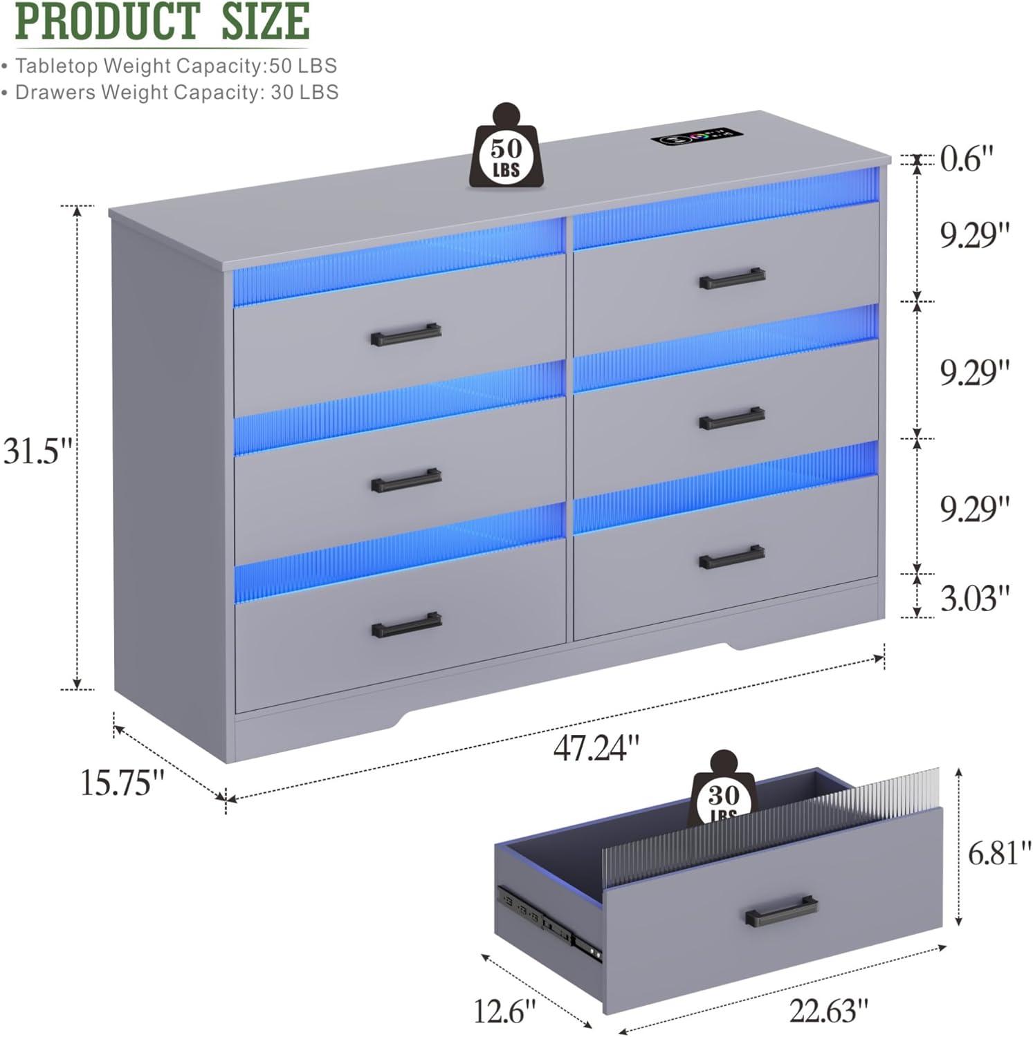 Gray Modern 6-Drawer Dresser with LED Lights and Charging Station