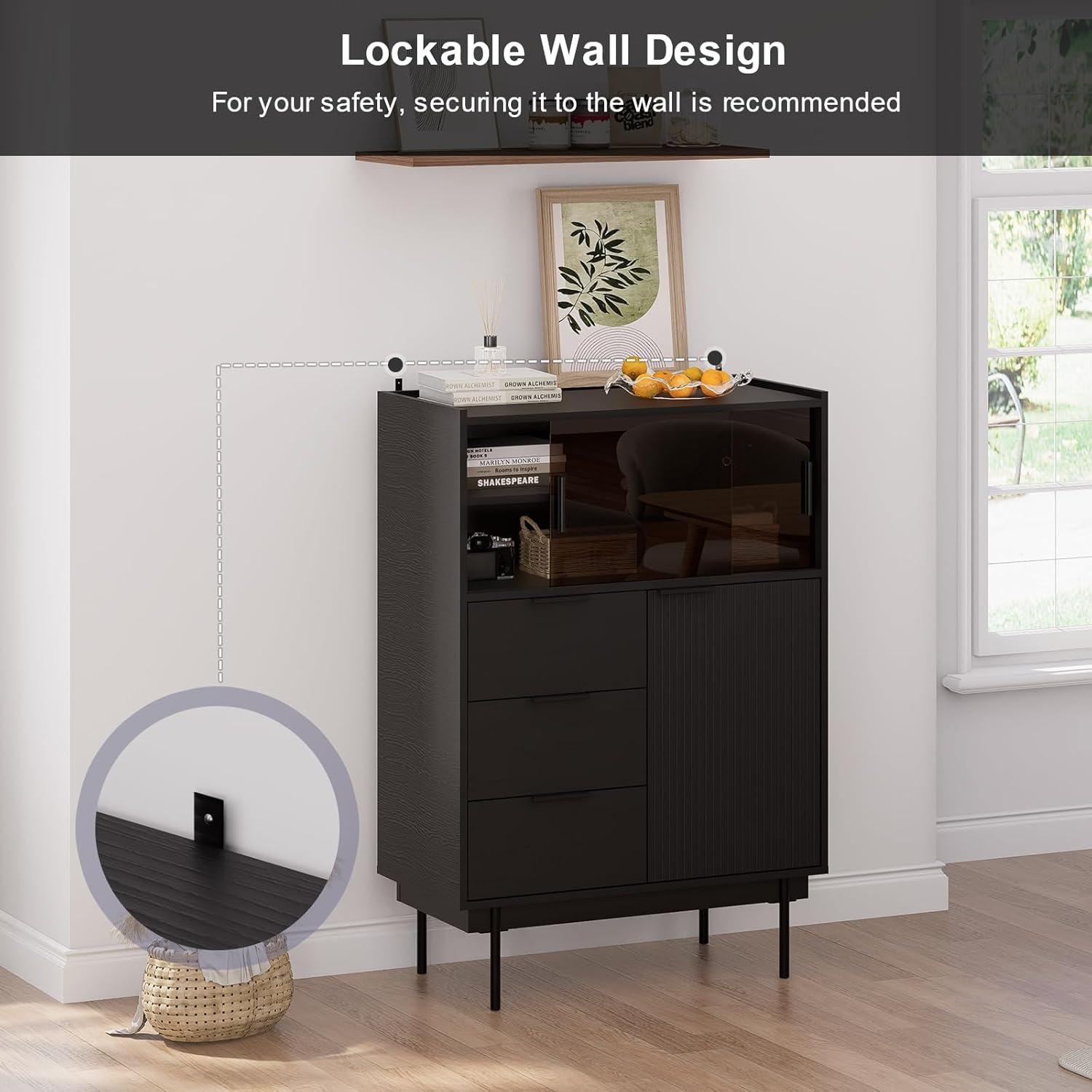 Ebern Designs Ebern Designs Sideboard Anetha, 47" X 31.5" Buffet Anetha With Storage, Black Sideboard With 2 Sliding Doors & 3 Drawers, Wood Coffee Bar Entryway Storage For Living Room
