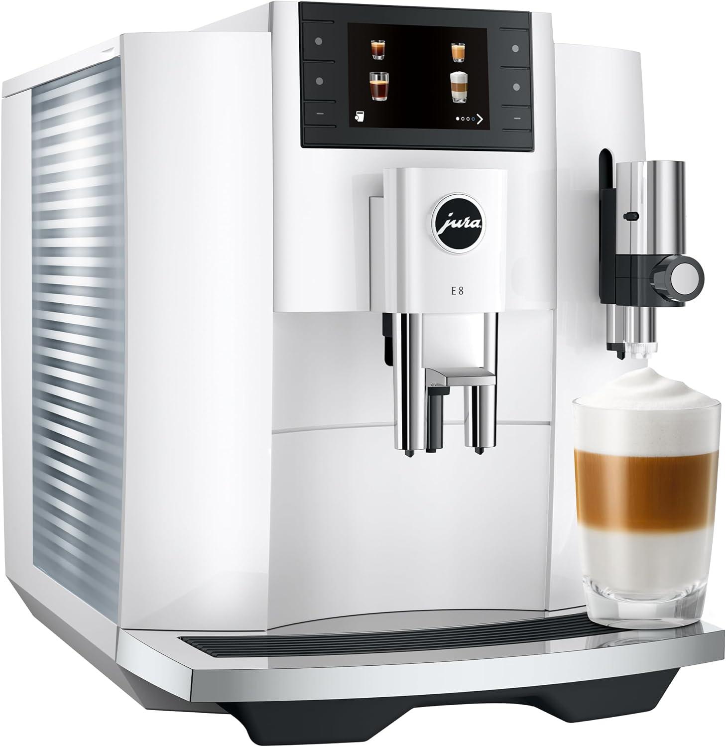 Jura E8 Coffee Machine with P.A.G.2 Grinder, 17 Specialties, 3.5-Inch Color Display, and One-Touch Cleaning System (Piano White)