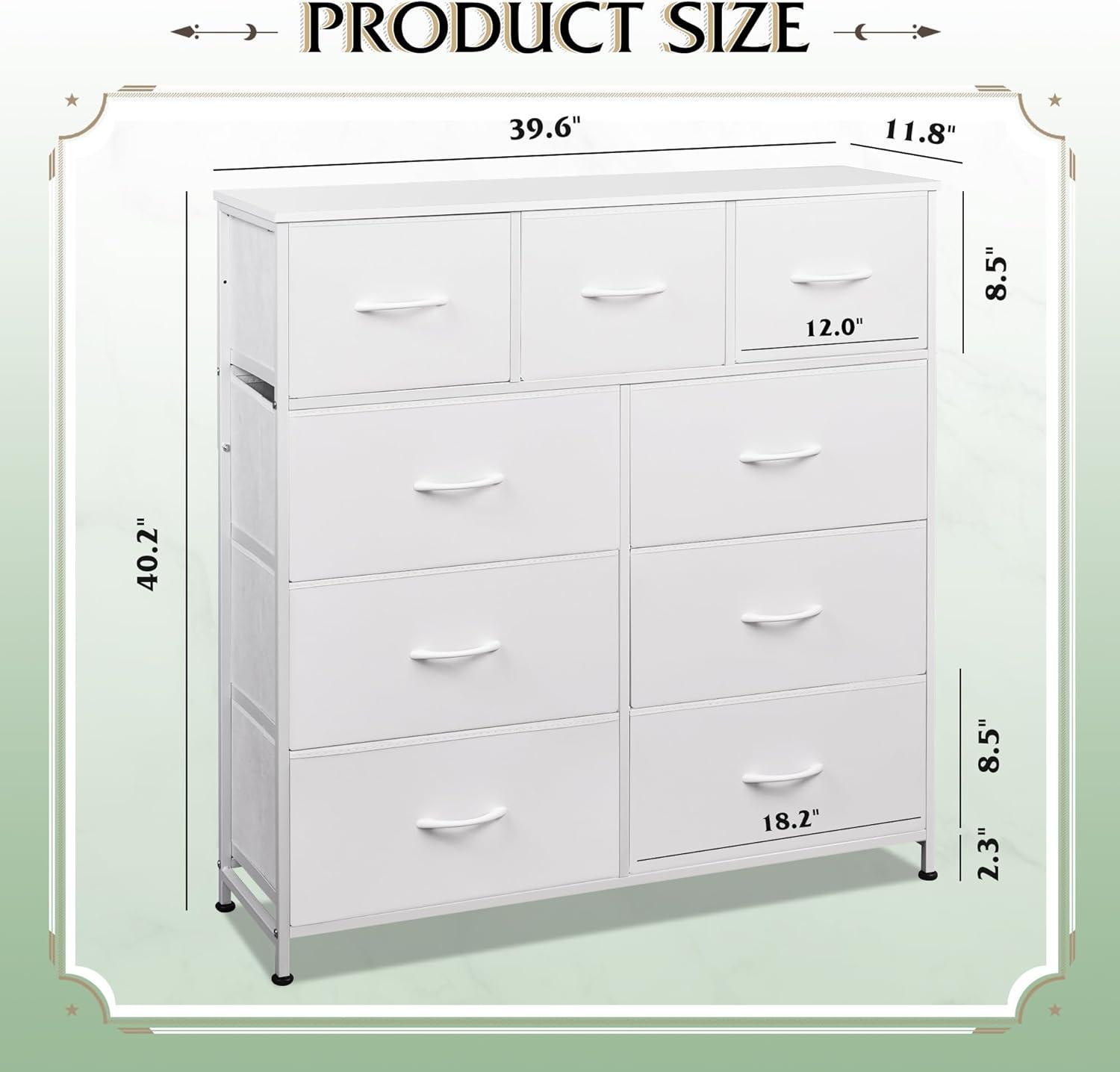 Yanming Fabric Storage Dresser with 9 Drawers, Steel Frame and Wooden Top for Bedroom, Closet, Entryway and Nursery, White