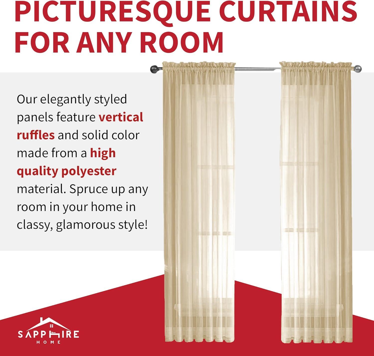 Sapphire Home 2 Panels Window Sheer Curtains 54" x 63" Inches 108" Total Width, Voile Panels for Bedroom Living Room, Rod Pocket, Decorative Curtains, Solid Sheer 63" Beige/Ivory