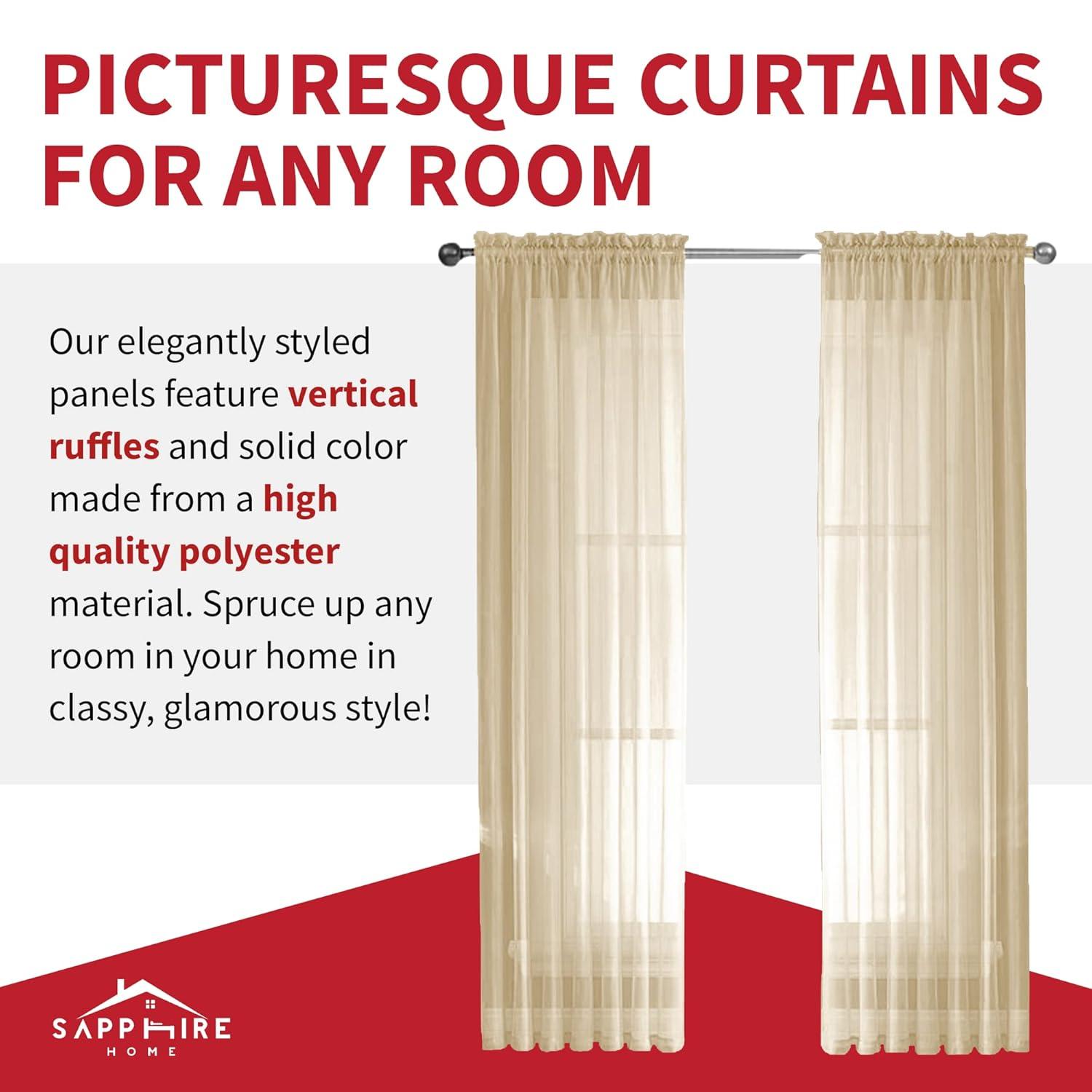 Sapphire Home 2 Panels Window Sheer Curtains 54" x 63" Inches 108" Total Width, Voile Panels for Bedroom Living Room, Rod Pocket, Decorative Curtains, Solid Sheer 63" Beige/Ivory
