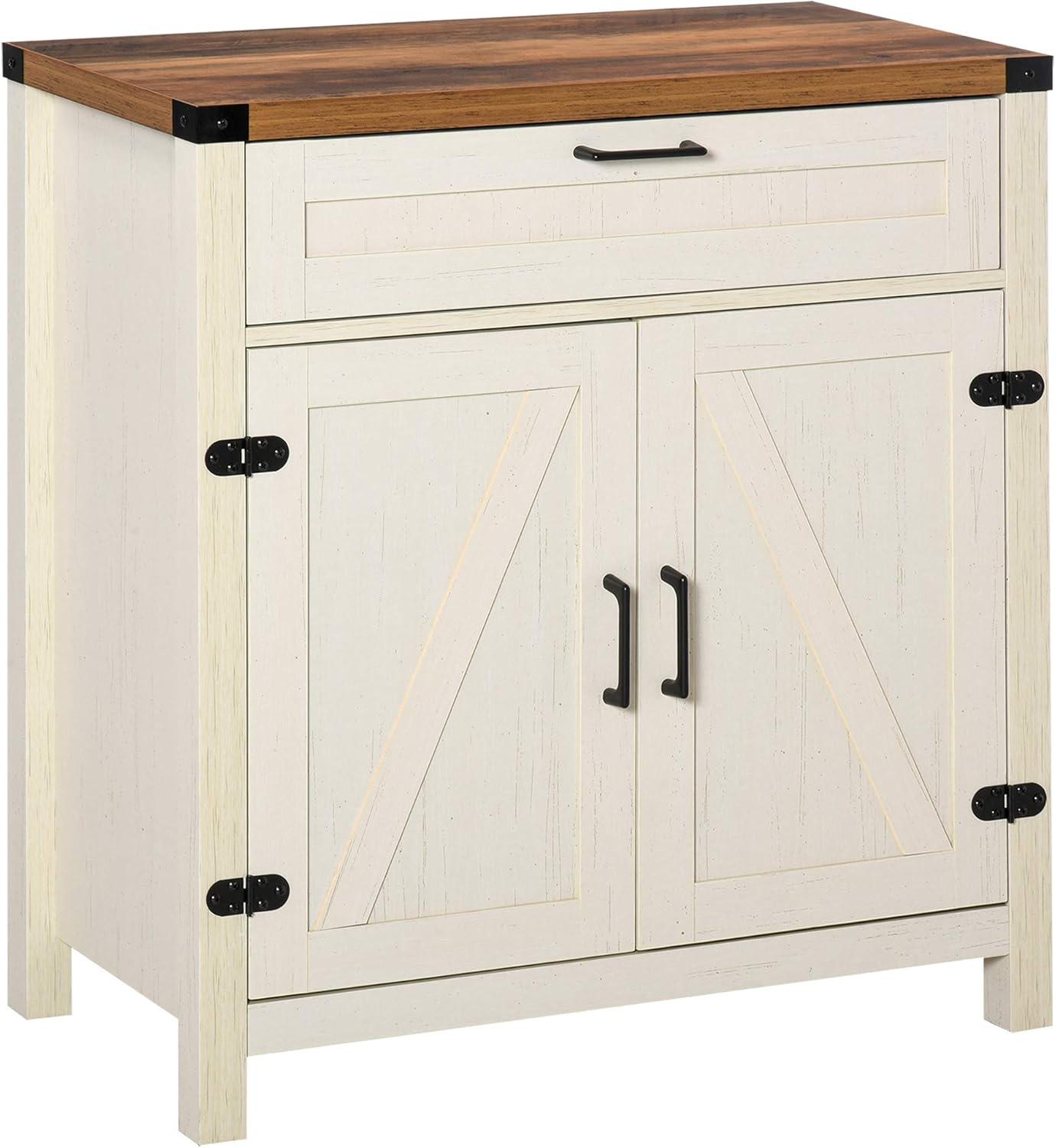 Distressed White Farmhouse Sideboard Buffet Cabinet with Barn Doors