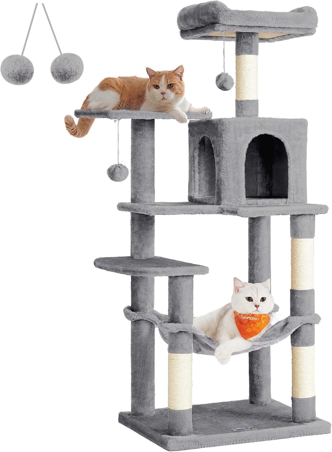 Feandrea 56.3'' Cat Tree Tower for Indoor Cats ,Multi-Level Cat Condo Cat Furniture with Scratching Posts, Perches, Hammock, Cave ,Light Gray