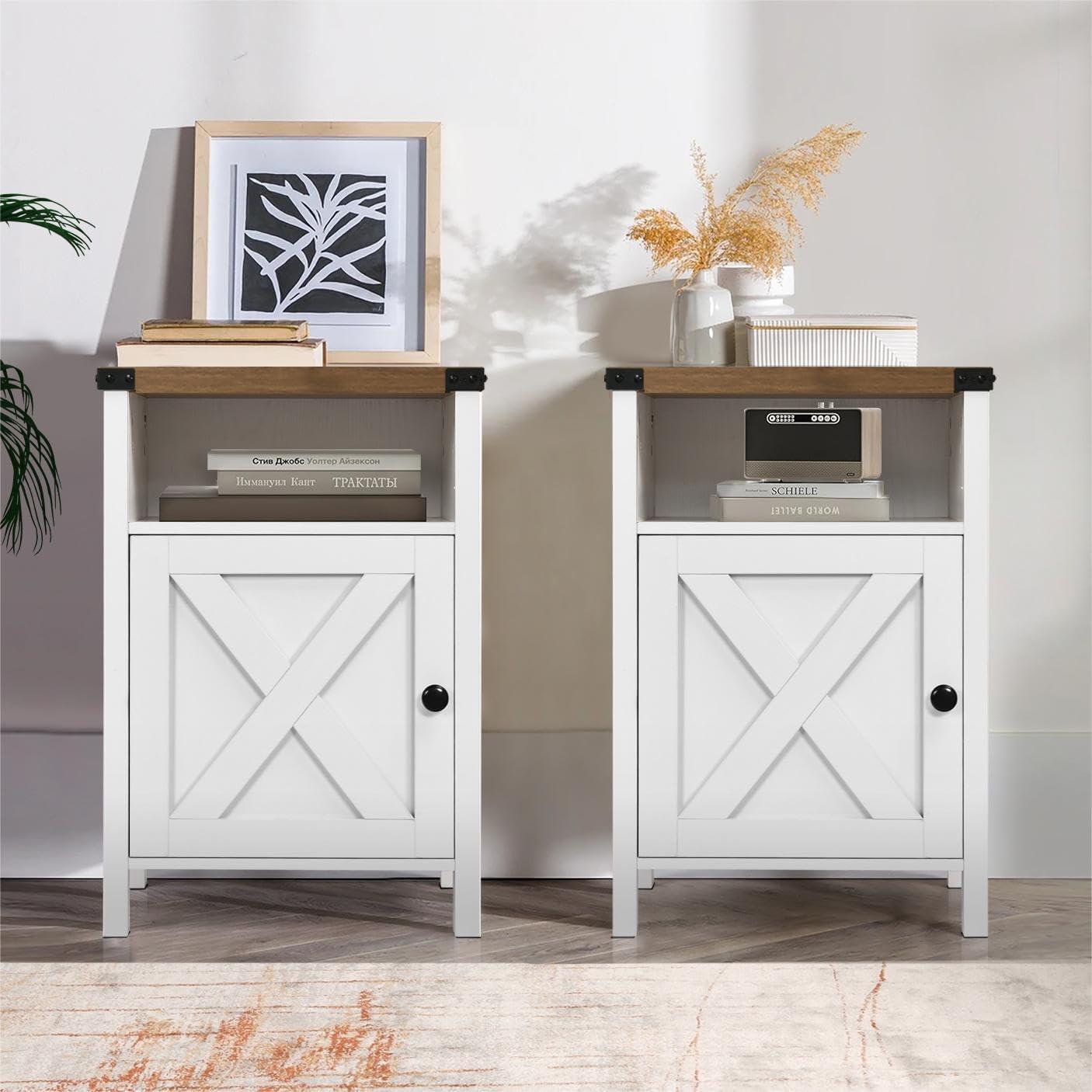 Wood Nightstands with Charging Station End Table Bedside Tables with Barn Door