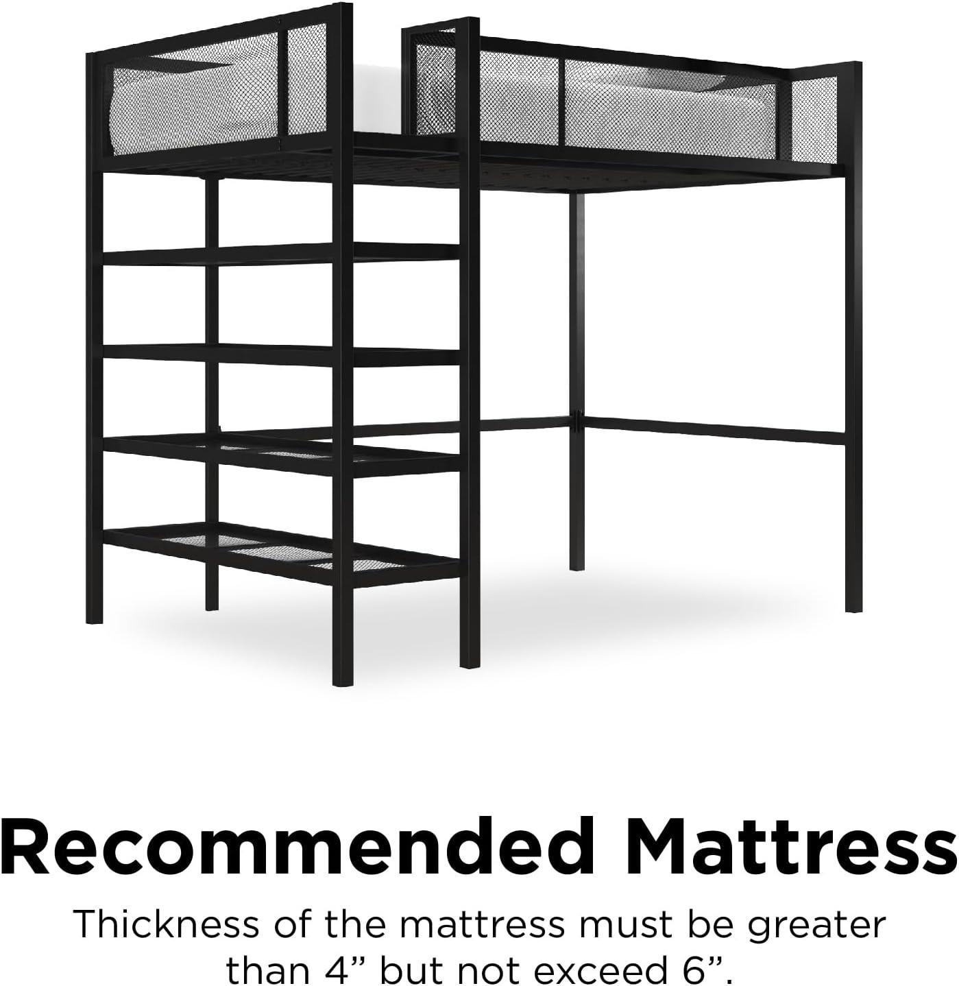 Twin Black Metal Loft Bed with Bookcase and Slats