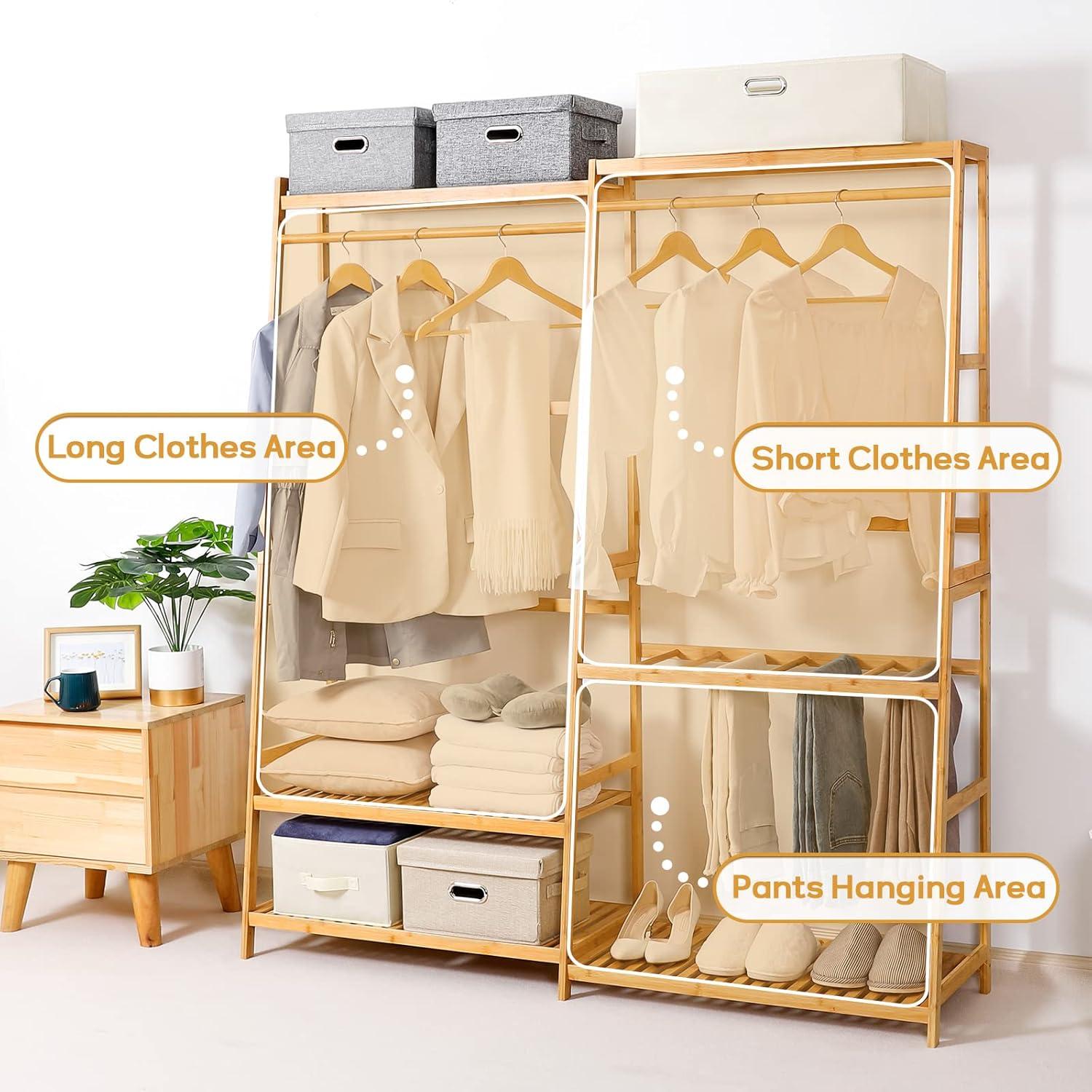 TELOVIN Bamboo Clothes Rack Heavy Duty Garment Racks For Hanging Clothes, Max Load 440Lbs, Freestanding Clothing Rack Closet With 6 Shelves