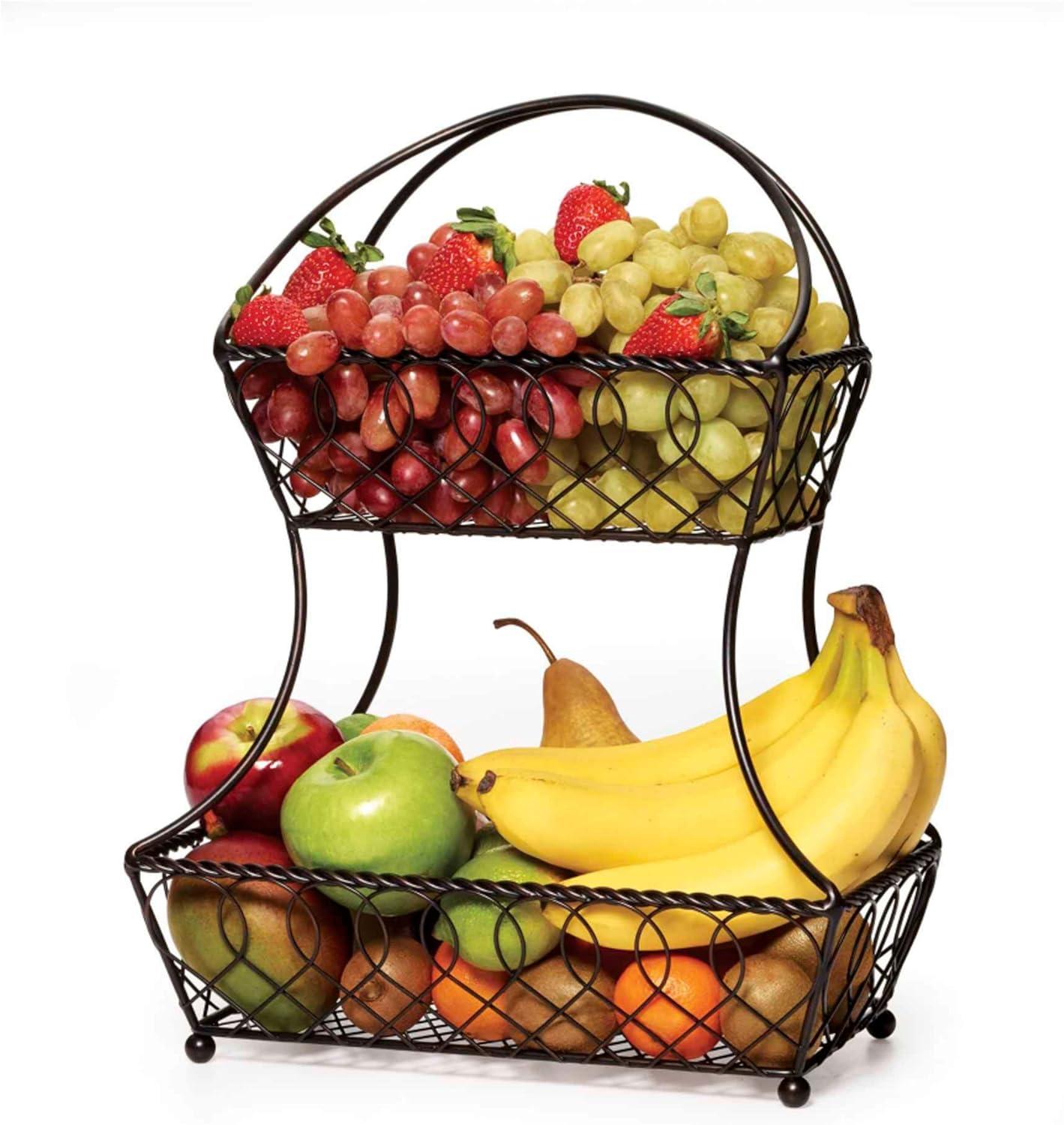 Gourmet Basics by Mikasa Gourmet Basics by Mikasa Loop and Lattice 2-Tier Flatback Metal Fruit Basket, Antique Black
