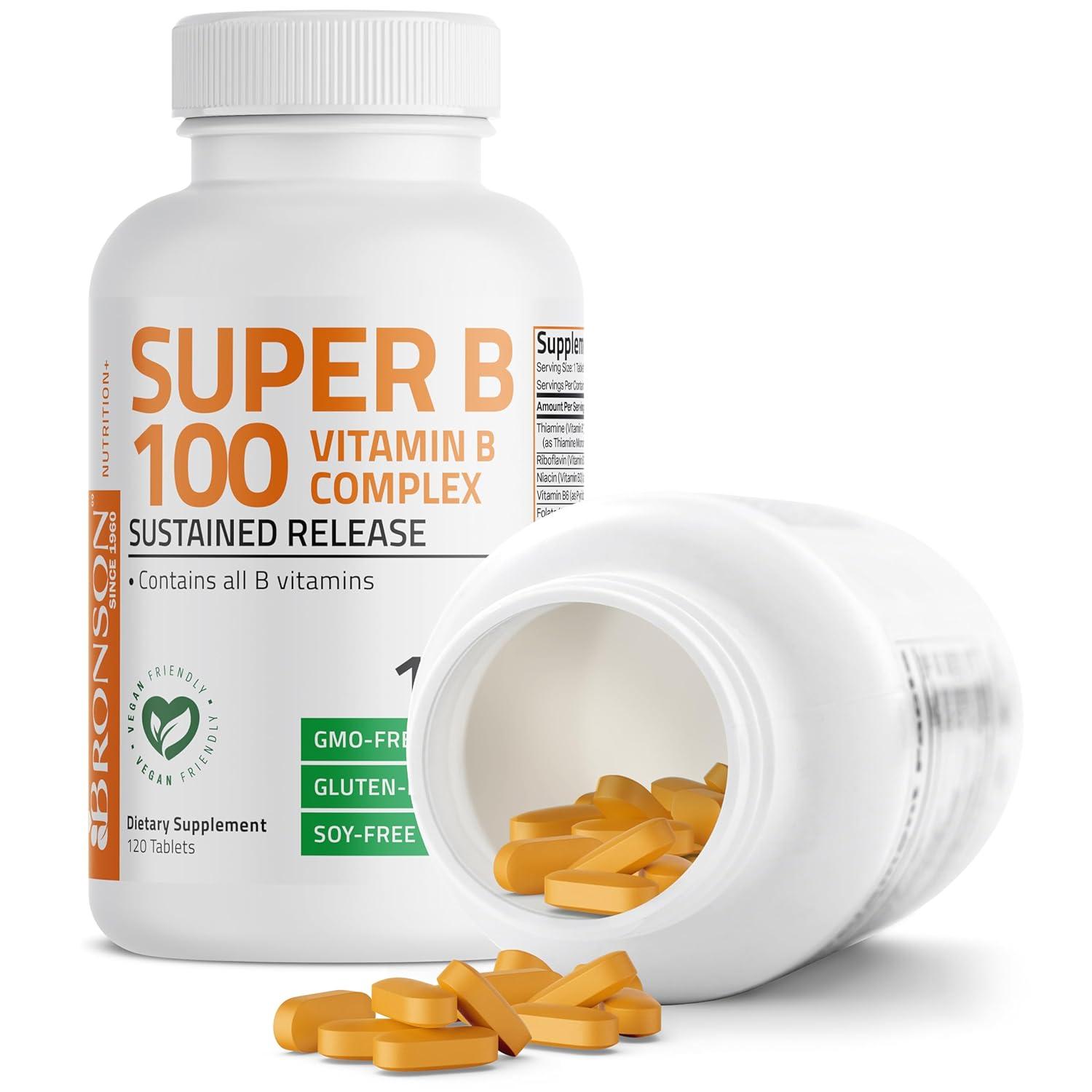 Bronson Vitamin B 100 Complex High Potency Sustained Release (Vitamin B1, B2, B3, B6, B9 - Folic Acid, B12), 120 Tablets