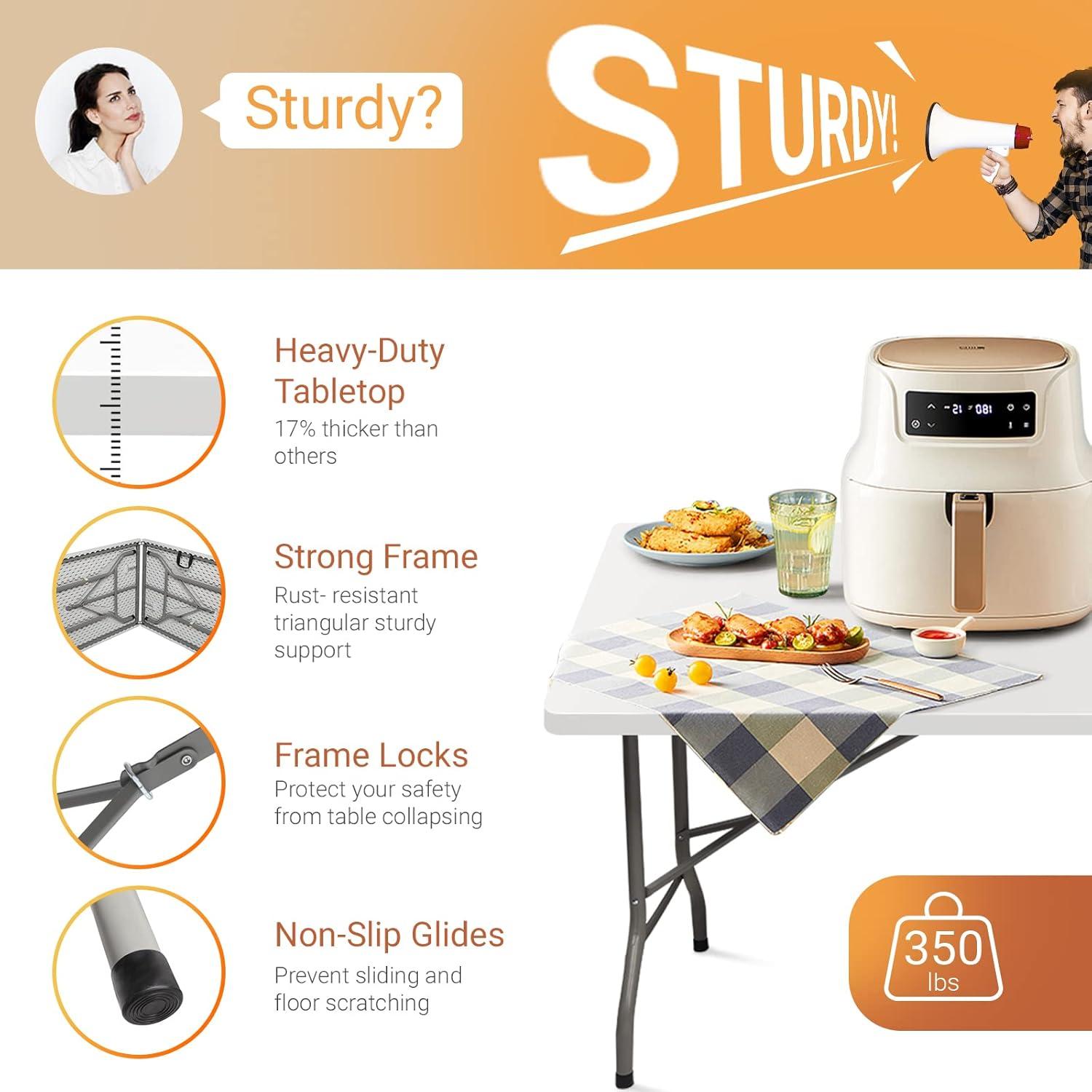 VINGLI 6 ft 3-Piece Portable Picnic White Table Bench Set, Weather-Resistant Plastic Folding Camping Beer Table w/Carrying Handles, for Family Garden Patio Outdoor Activities Use