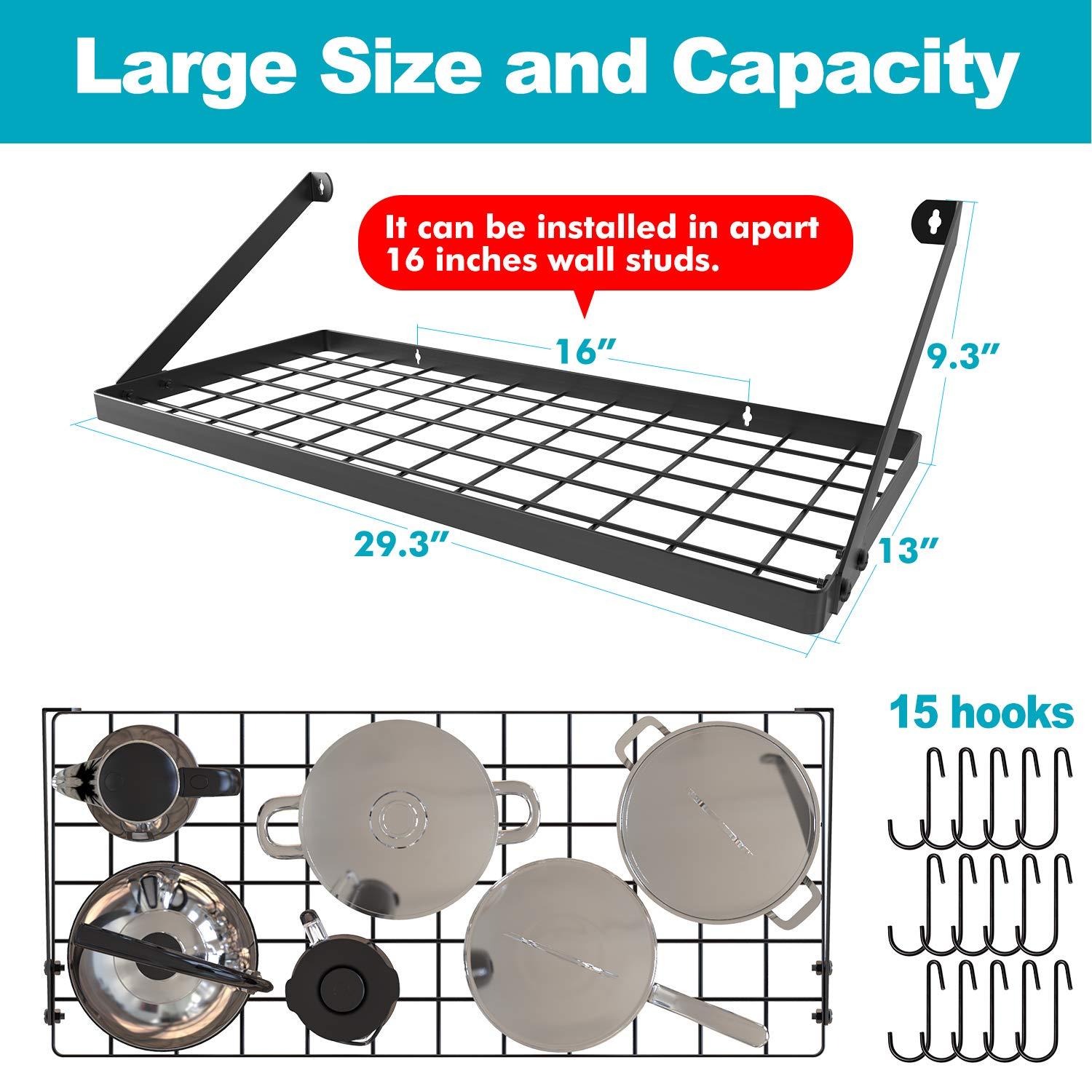 Vdomus Hanging Pots and Pans Organizer - Wall Mounted Pot Rack with 15 Hooks, 29.3 x 13 Inch Heavy-Duty Cookware Organizer for Kitchen Storage - Ideal Pot and Pan Holder with Square Grid Design, Black