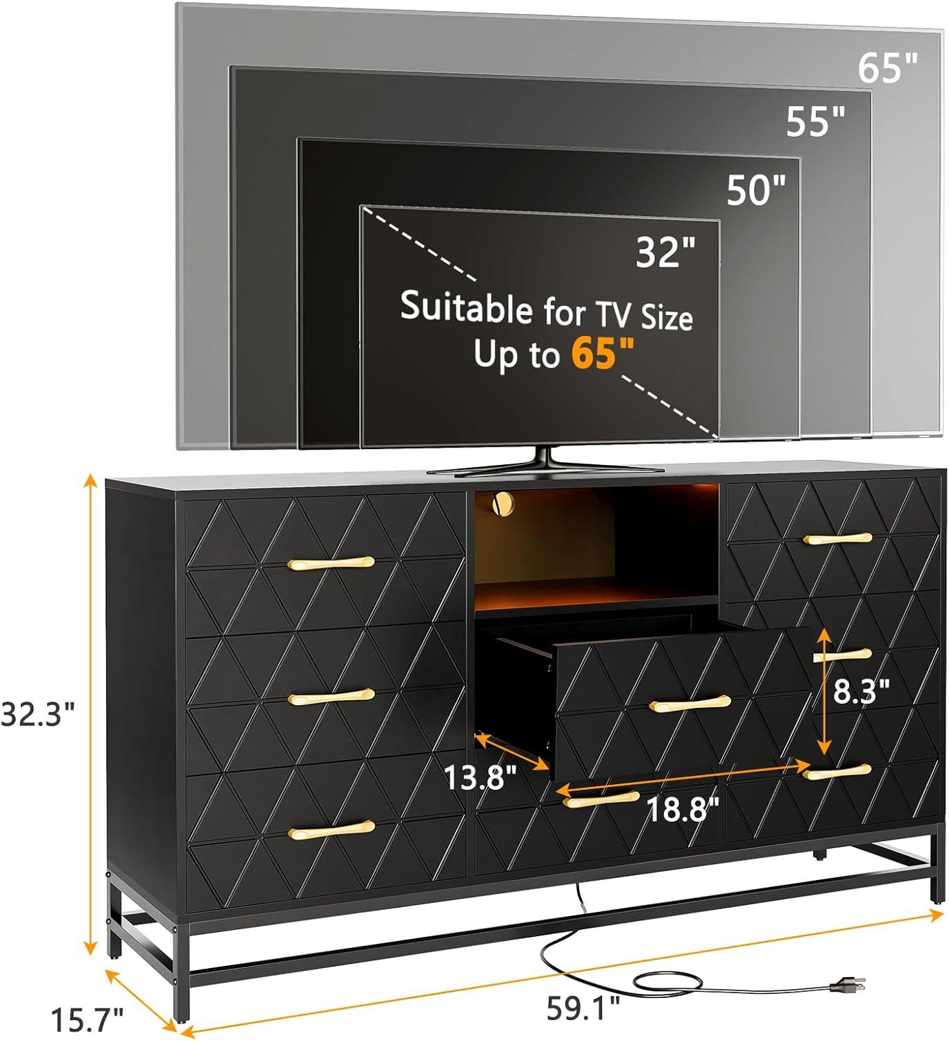 8 Deep Drawer Black Dresser for Bedroom with Charging Station and LED Lights, 59" TV Dresser Wooden Large Long Dresser, Modern Chest of Drawers Storage Organizer for Closet, Living Room