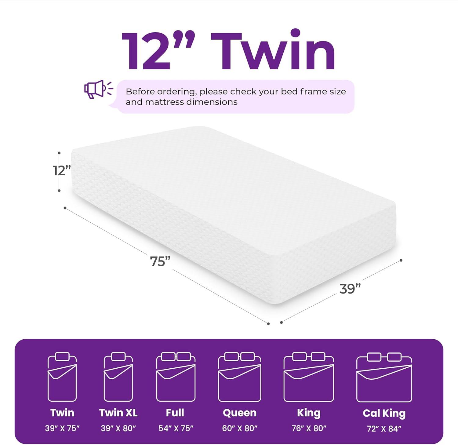 GAESTE 12 Twin Memory Foam Mattress, Cooling Gel, Medium Firm Support, Pressure Relief, Breathable Cover, Mattress in a Box, Adult and Child