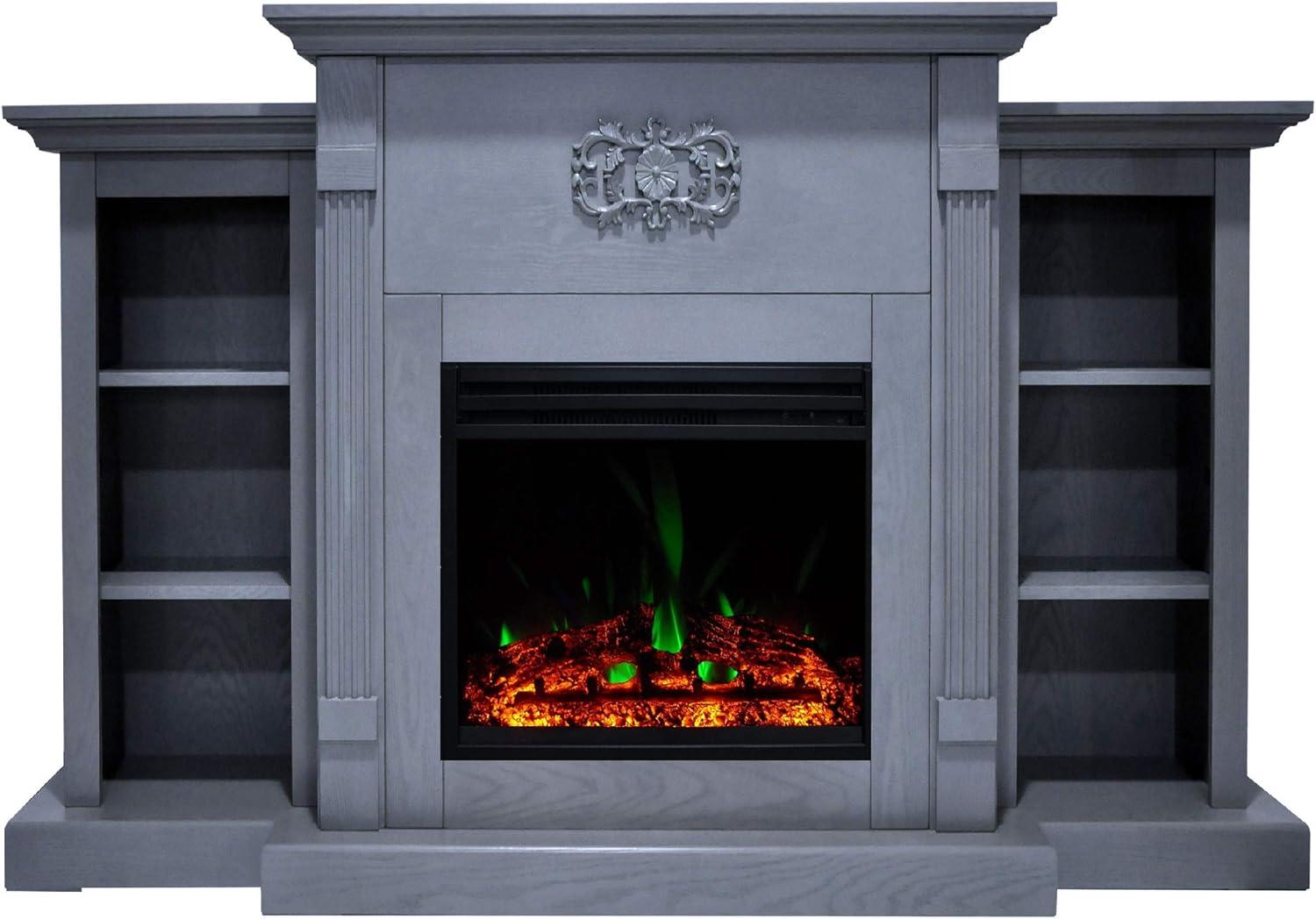 Sanoma 72'' Slate Blue Electric Fireplace with Charred Log Insert and Bookshelves