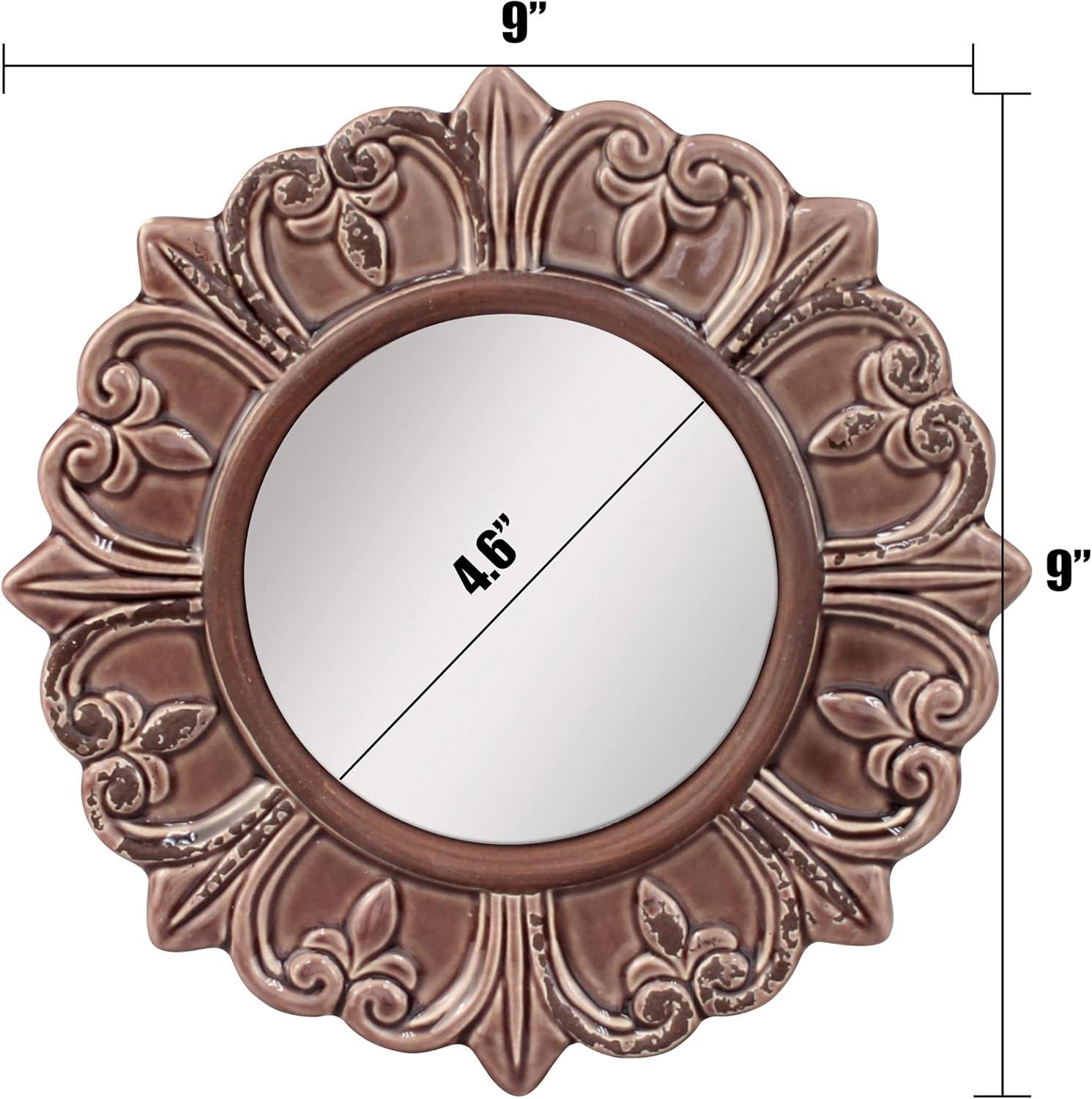 Elegant Parisian Fleur de Lis 9" Round Ceramic Wall Mirror in Warm Taupe