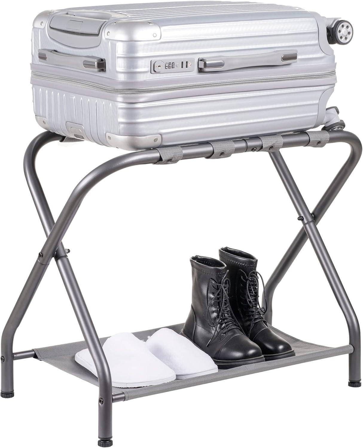 MEBROT Set Of 2, Foldable Suitcase Stands For Guest Room, Metal Luggage Holder With Storage Shelf For Bedroom, Hotel, Easy Assemble