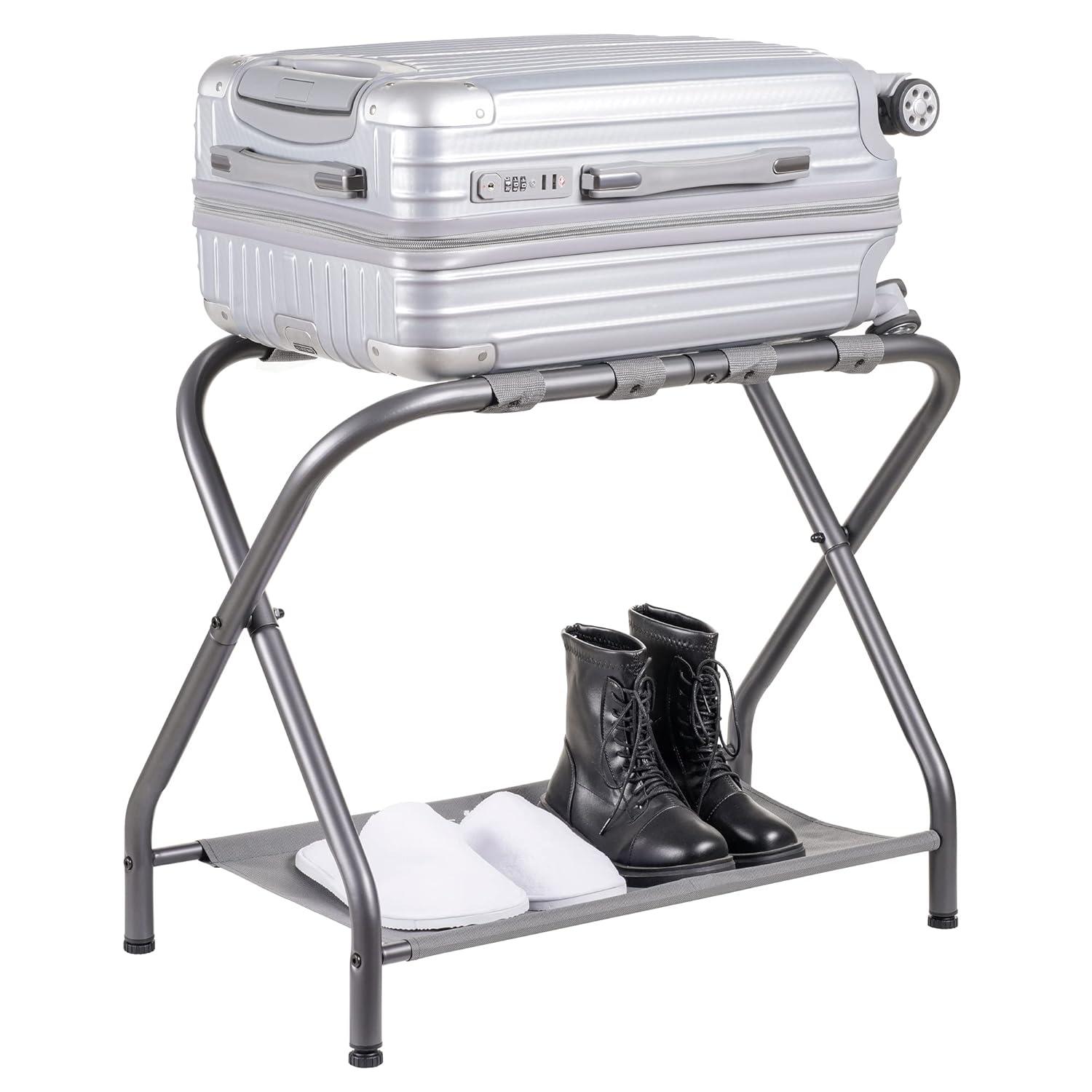 MEBROT Set Of 2, Foldable Suitcase Stands For Guest Room, Metal Luggage Holder With Storage Shelf For Bedroom, Hotel, Easy Assemble