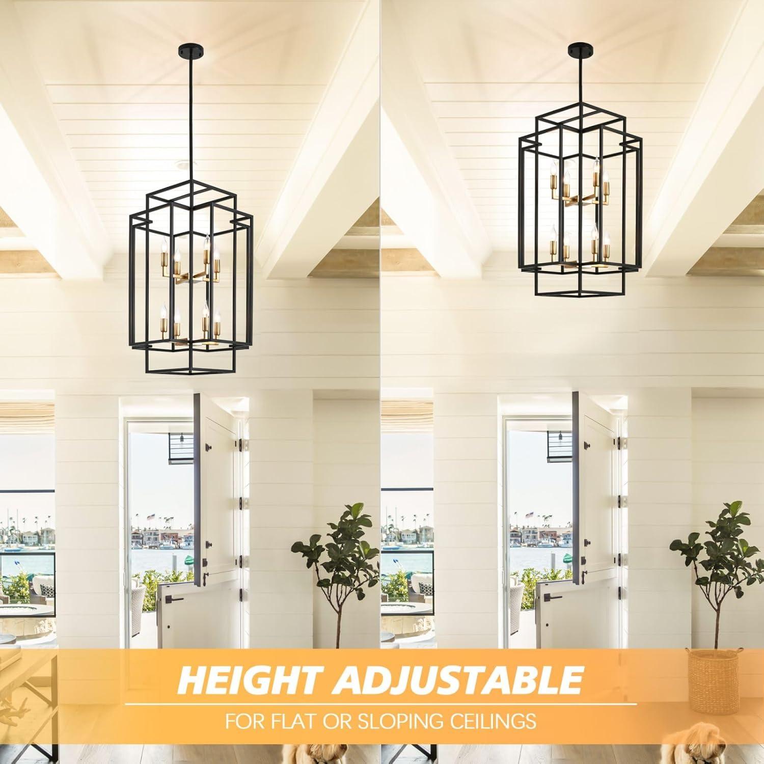 8-Light Black and Gold Industrial Lantern Chandelier