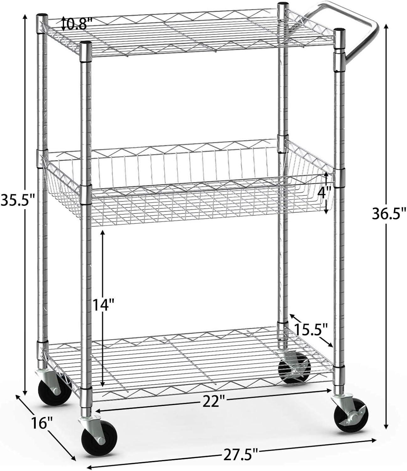 Silver 3-Tier Heavy Duty Steel Rolling Utility Cart