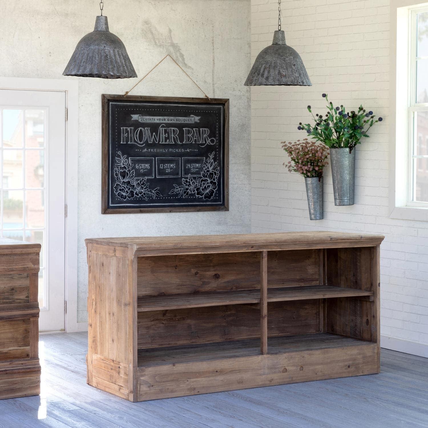 Reclaimed Pine Wood Straight Bar Counter with Metal Shelf