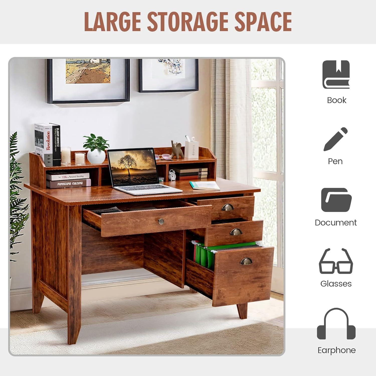 GVN Vintage Computer Desk with Storage Shelves and 4 Drawers-Rustic Brown, Desk for Bedroom, Gaming Computer Desks for Study,Working,Writing