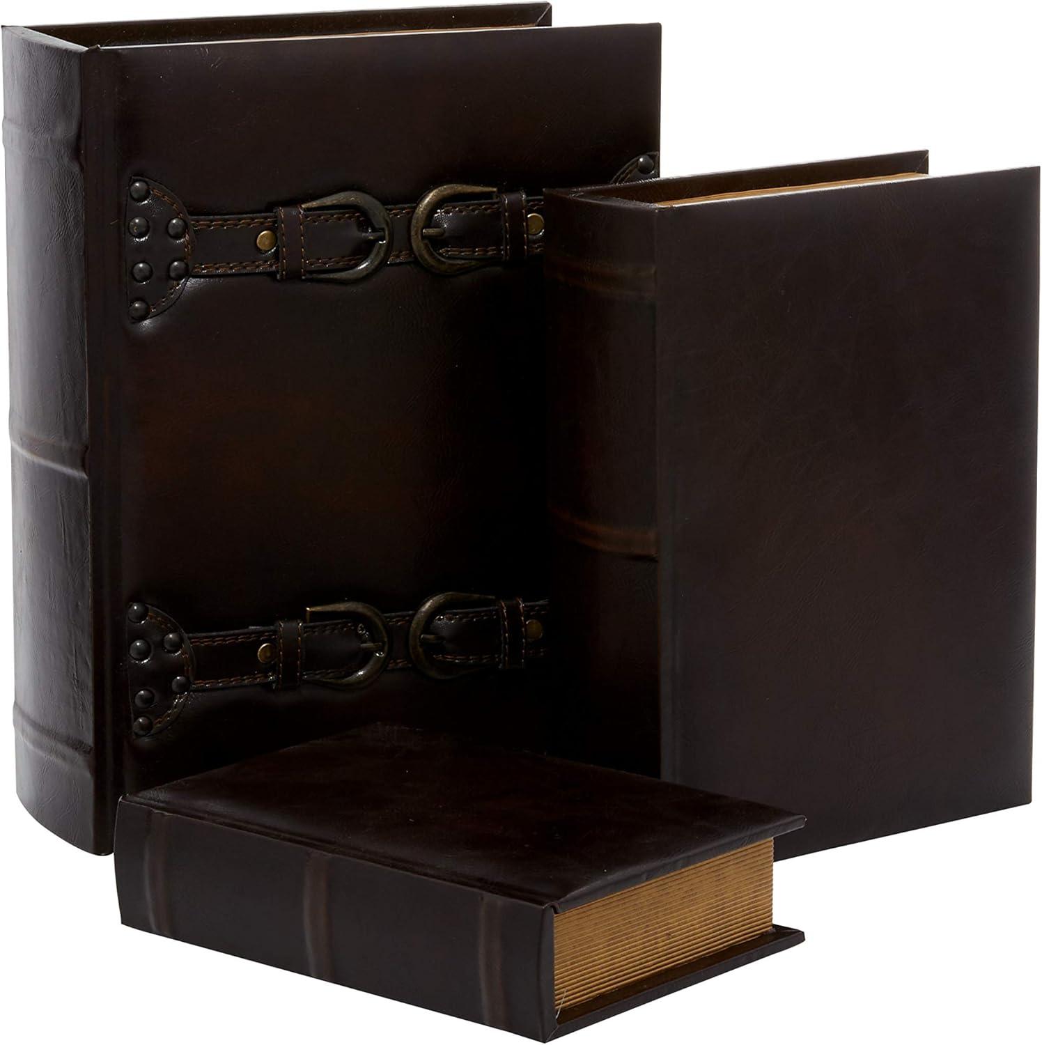 DecMode Vintage Faux Book Storage Dark Brown Faux Leather Decorative Box with Gold Buckle Accents, 3 Count