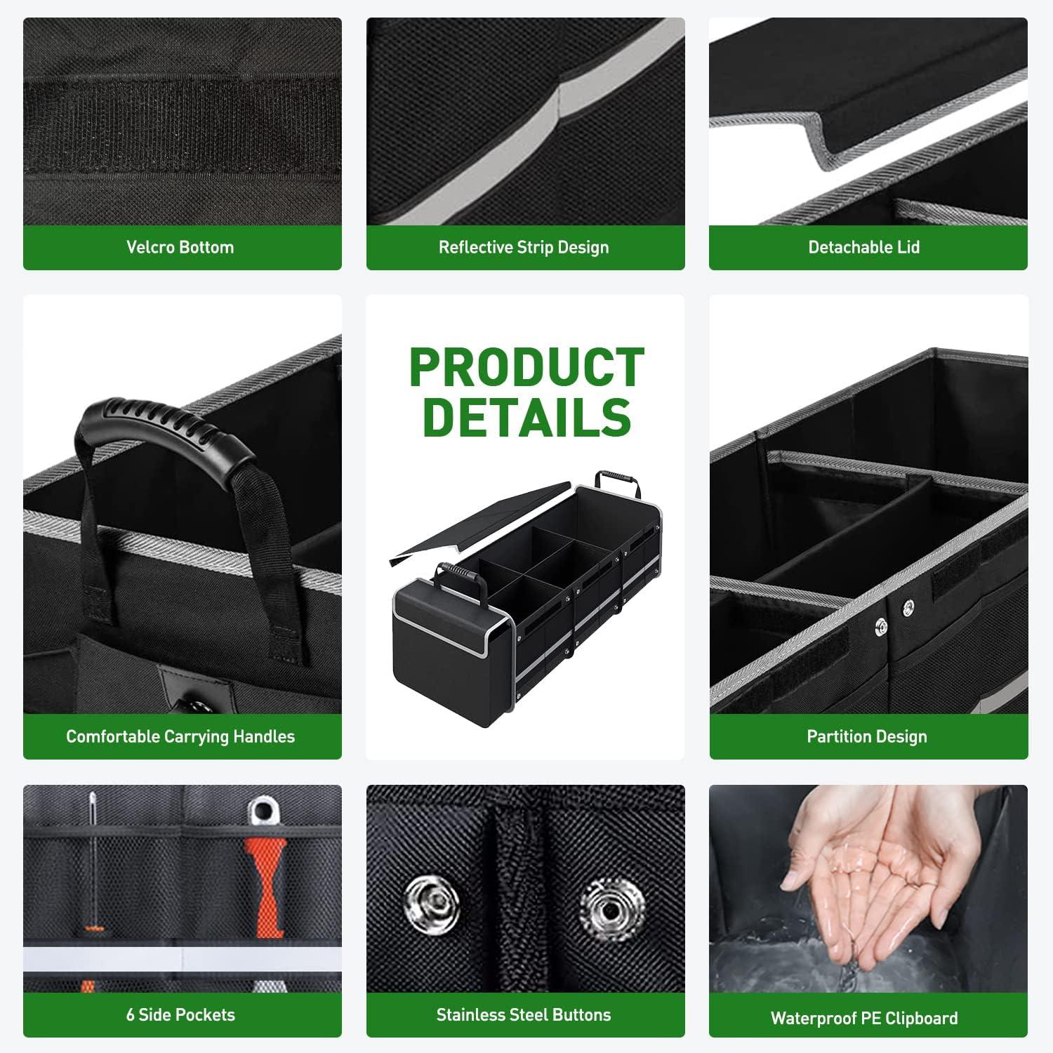 Car Trunk Organizer,115L Heavy Duty Collapsible Trunk Storage, with Insulated Leakproof Cooler Bag Vehicle Cargo Organizer with Lid, 3 Compartments, Straps For Car,Suv,Jeep,Sedan-Black