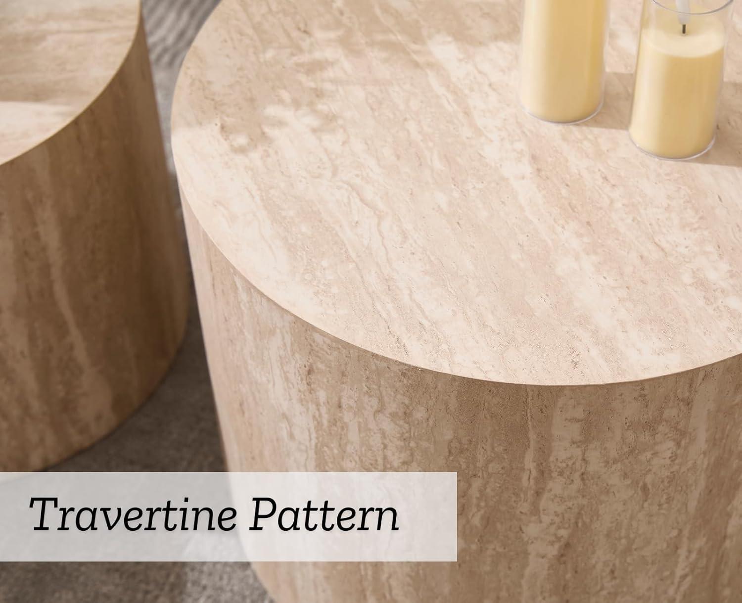 Latitude Run® Set of 2 Modern Round Wood Nesting Coffee Table Circle Travertine End Side Table Sets