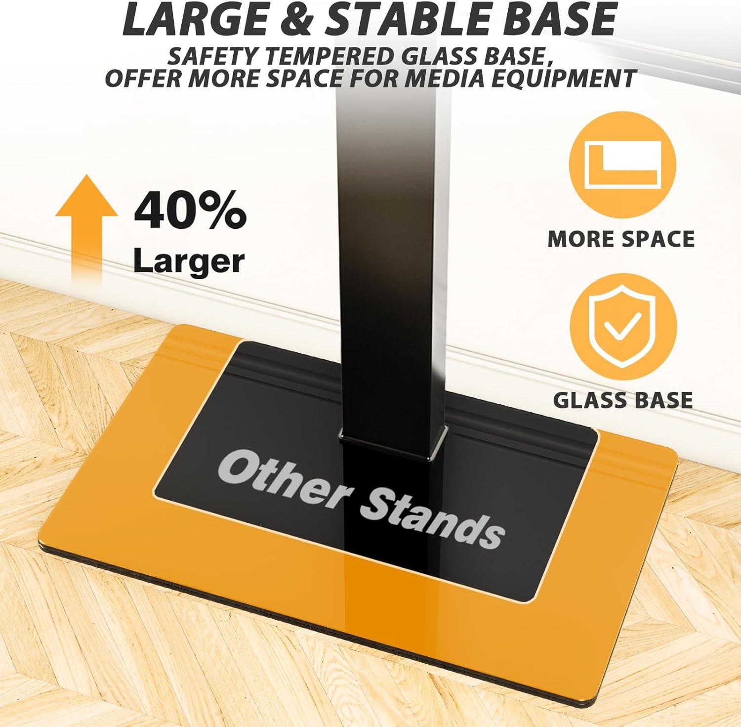 TAVR Universal Floor TV Stand Base for 32-75 Inch TVs up to 110 Lbs with Swivel Height Adjustable Mount, Black Tempered Glass Base for Media Storage and Space Saving