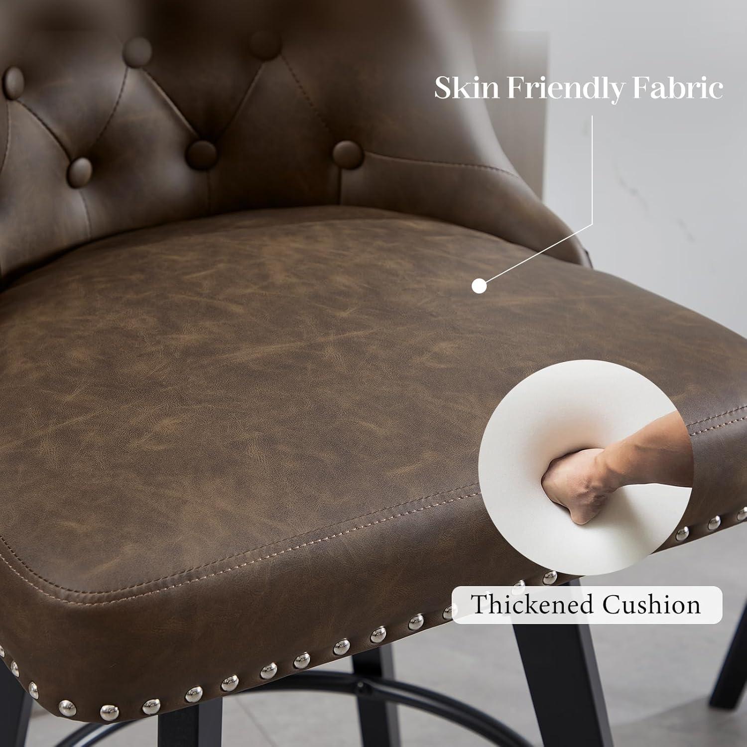 Counter Bar Stools Set of 2, Modern Swivel Bar Stools with Back and Wood Legs, 26" H Upholstered Bar Chair for Kitchen Island Home Bar, Leather Brown